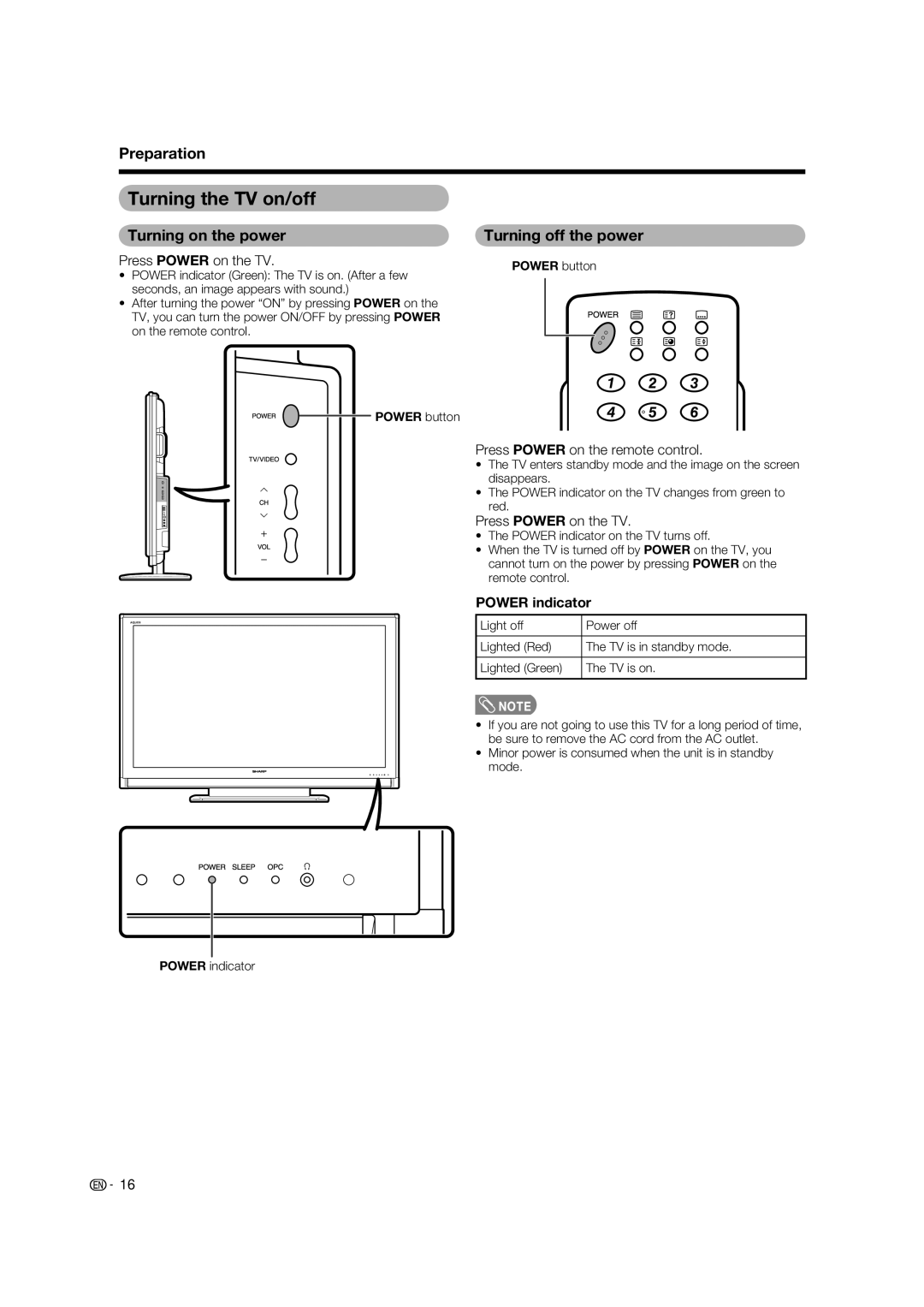 Sharp LC-65RX1X Turning the TV on/off, Turning on the power, Turning off the power, Press Power on the remote control 