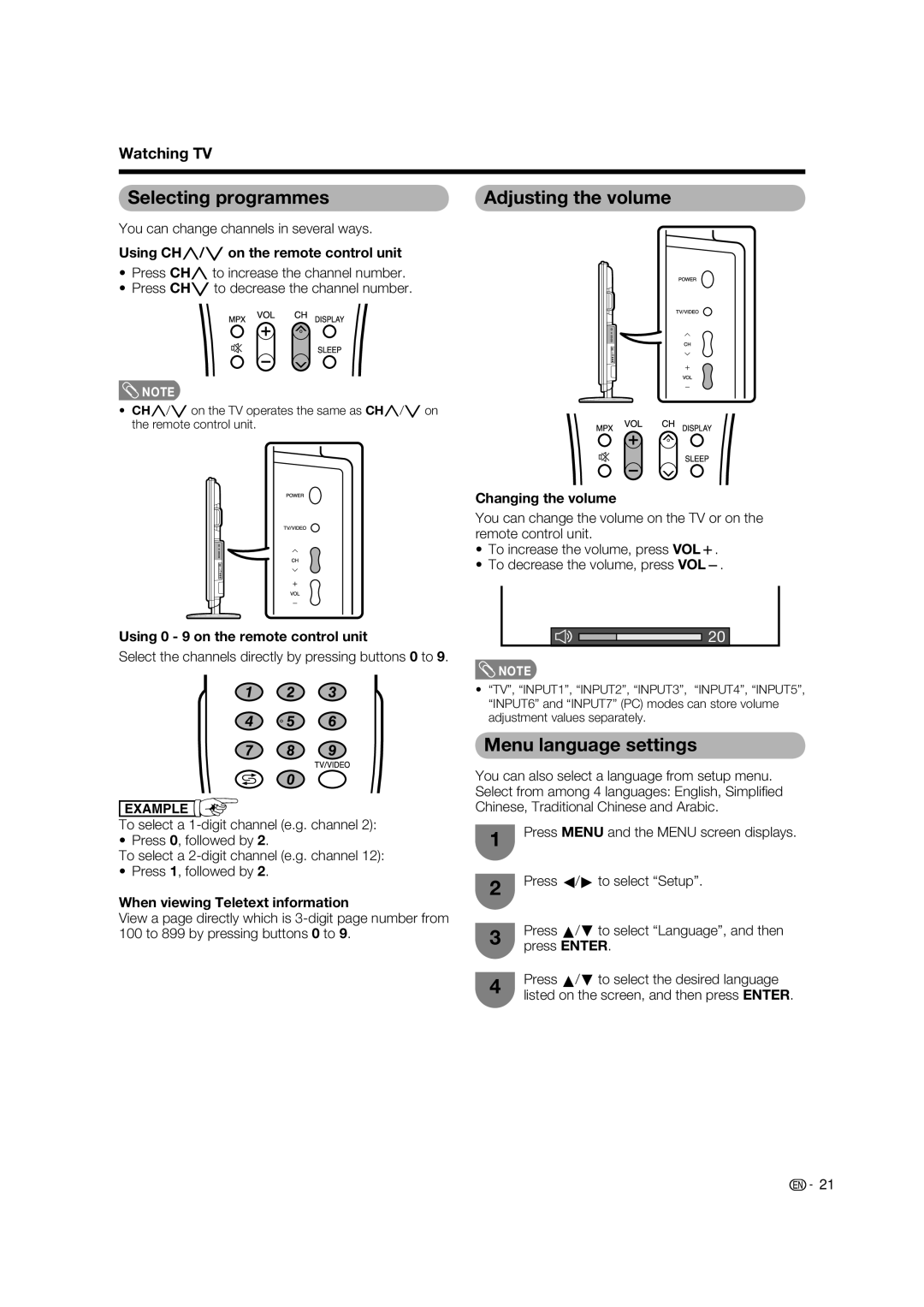 Sharp LC-65RX1X operation manual Selecting programmes Adjusting the volume, Menu language settings 