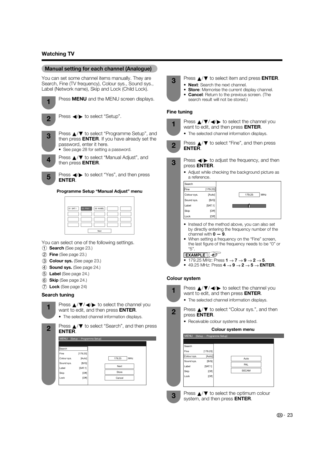 Sharp LC-65RX1X Watching TV Manual setting for each channel Analogue, Fine tuning, Search tuning, Colour system 