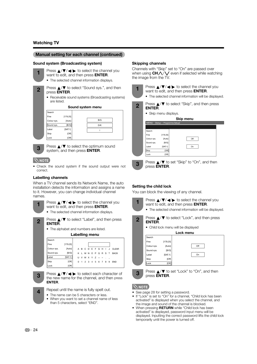 Sharp LC-65RX1X operation manual Watching TV Manual setting for each channel 