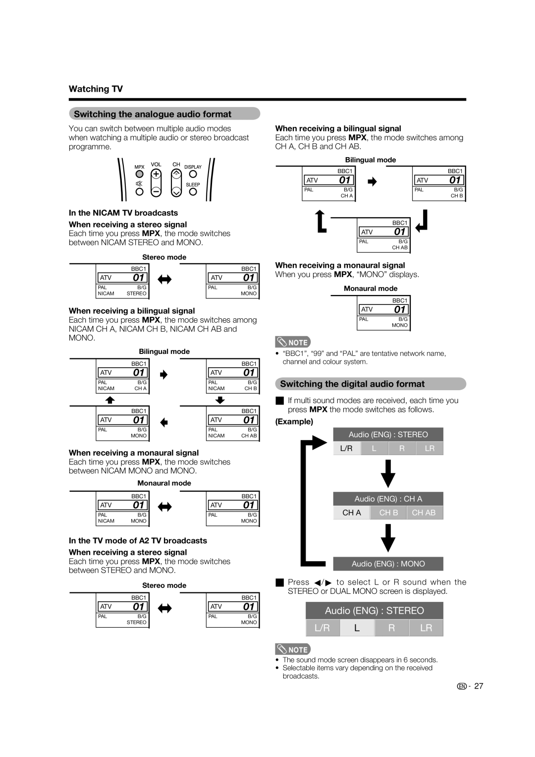 Sharp LC-65RX1X operation manual Watching TV Switching the analogue audio format, Switching the digital audio format 