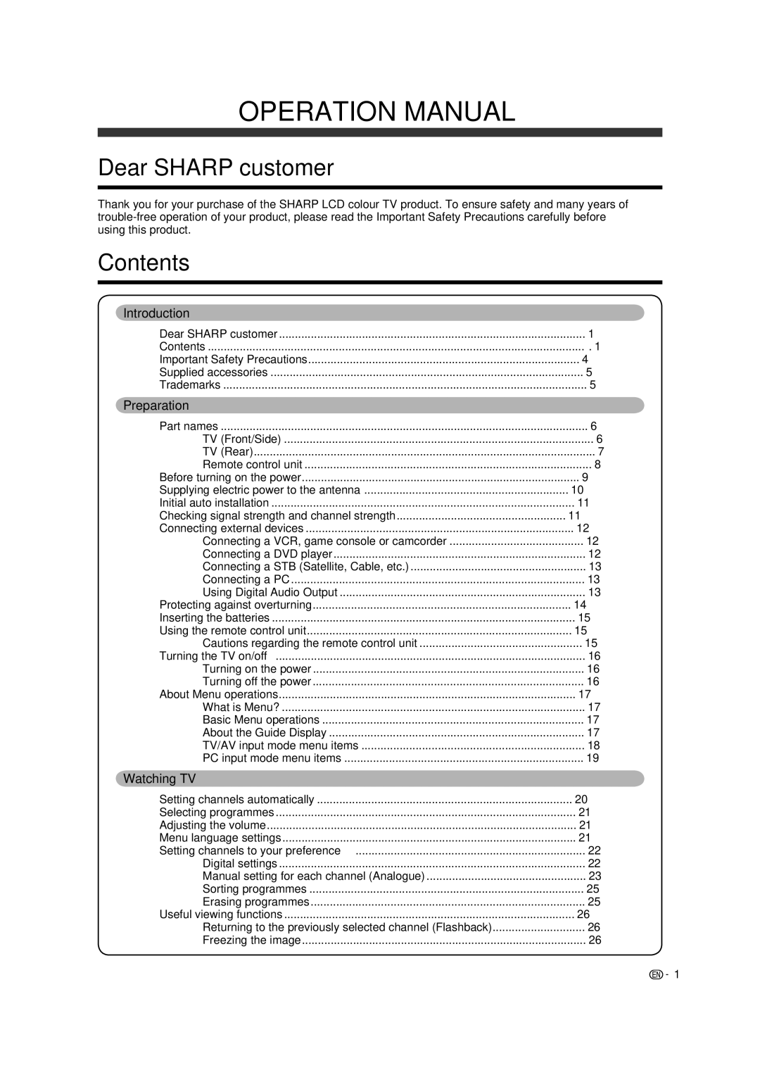 Sharp LC-65RX1X operation manual Dear Sharp customer, Contents 