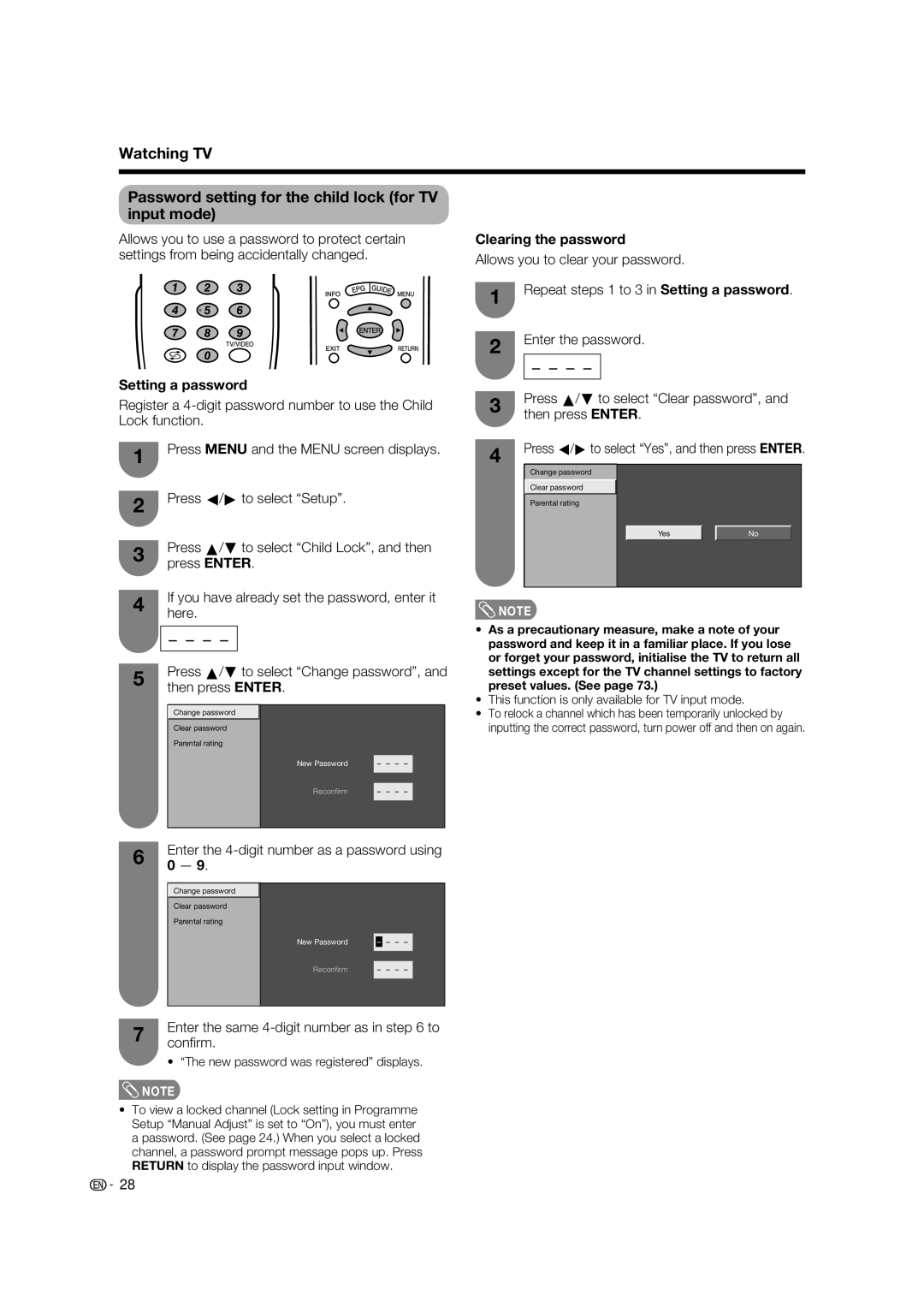 Sharp LC-65RX1X operation manual Setting a password, Clearing the password, Enter the same 4-digit number as in to confirm 