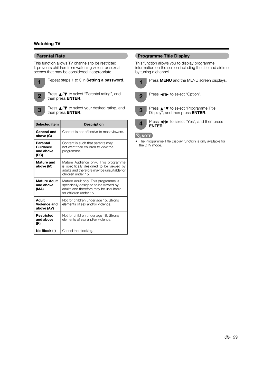 Sharp LC-65RX1X operation manual Watching TV Parental Rate, Programme Title Display, General, Children under 