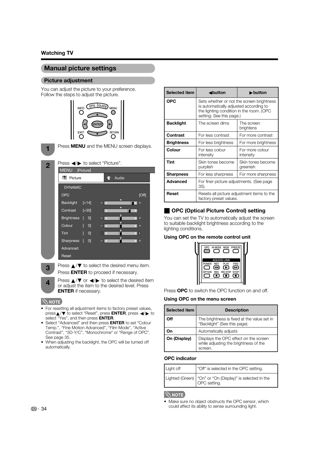 Sharp LC-65RX1X operation manual Manual picture settings, Picture adjustment, OPC Optical Picture Control setting 