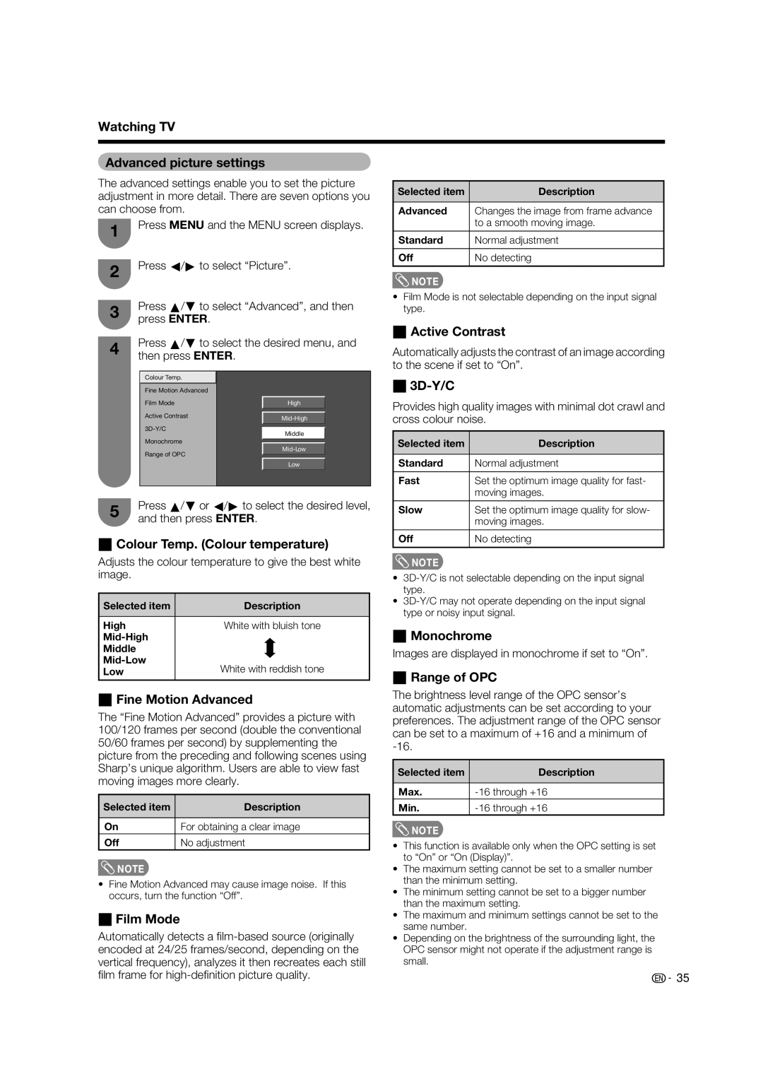 Sharp LC-65RX1X Watching TV Advanced picture settings, Active Contrast, Colour Temp. Colour temperature, Film Mode, 3D-Y/C 