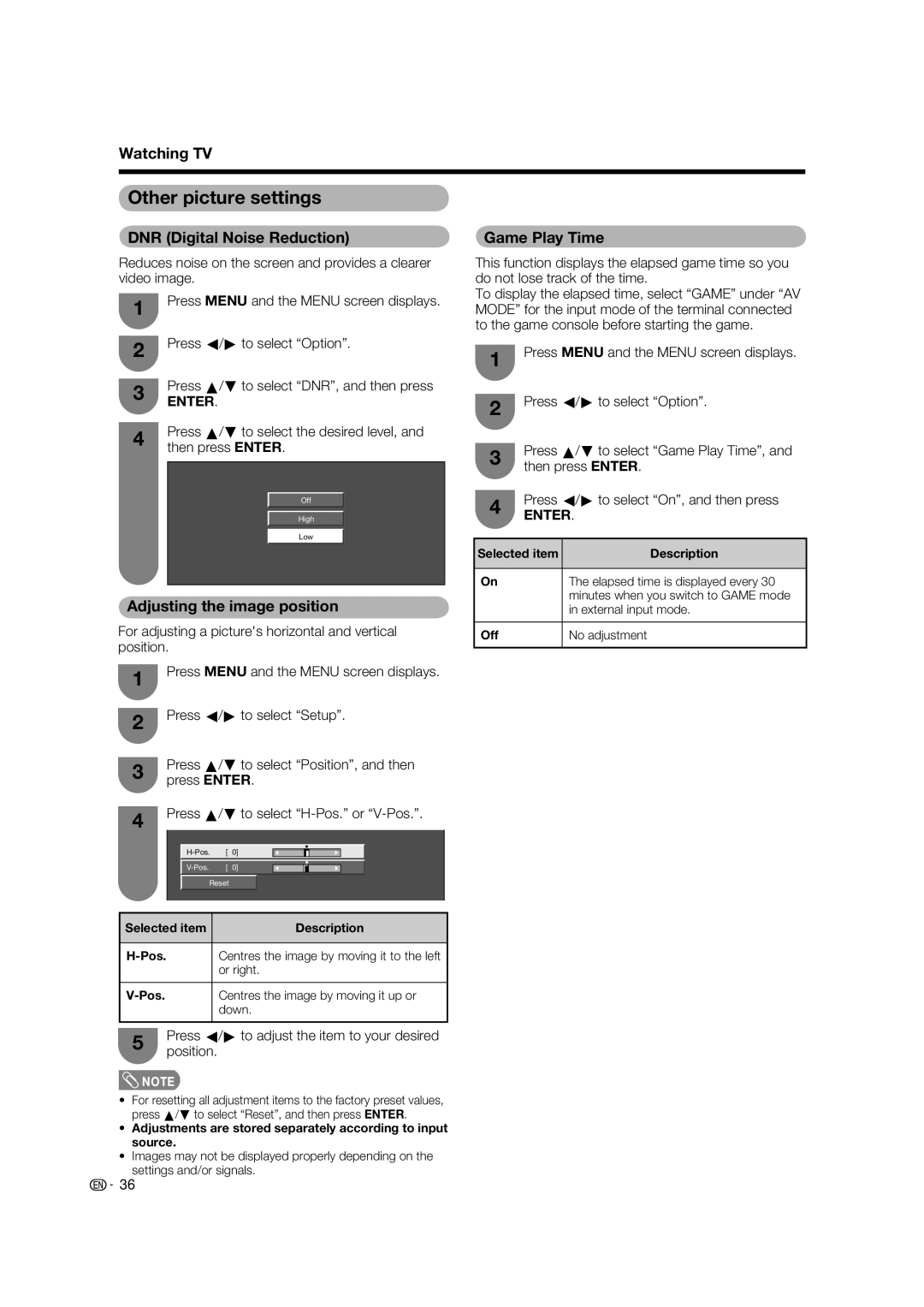 Sharp LC-65RX1X Other picture settings, DNR Digital Noise Reduction, Adjusting the image position, Game Play Time 