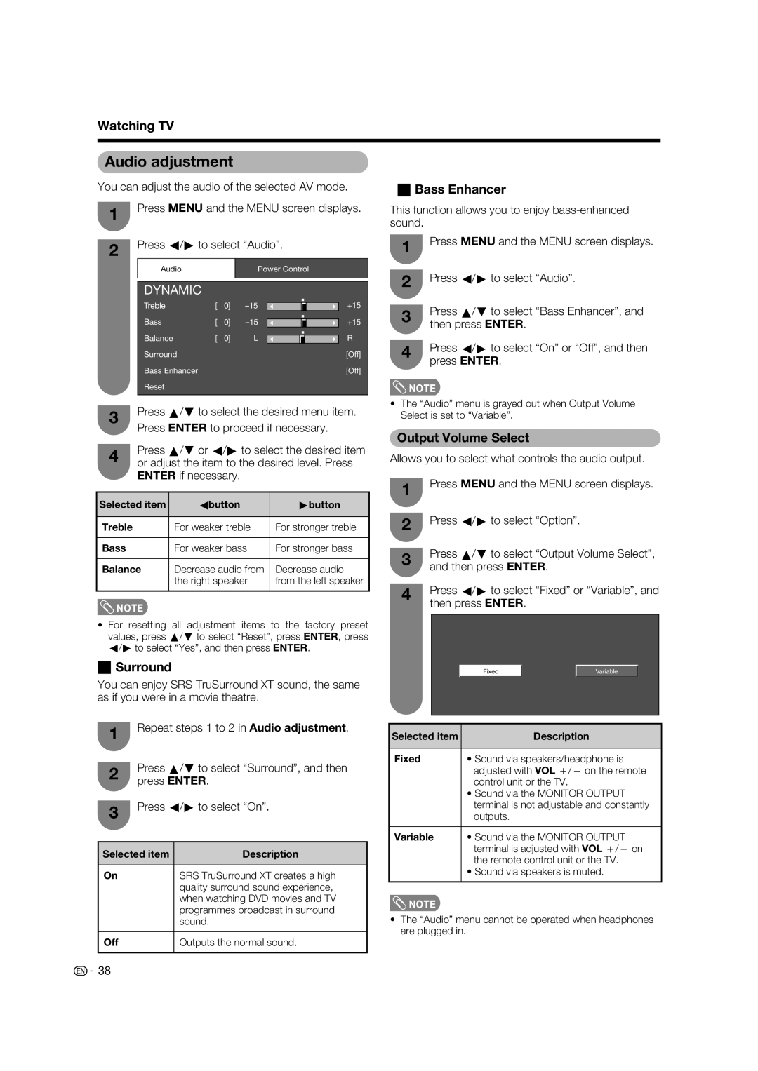 Sharp LC-65RX1X operation manual Audio adjustment, Surround, Bass Enhancer, Output Volume Select 