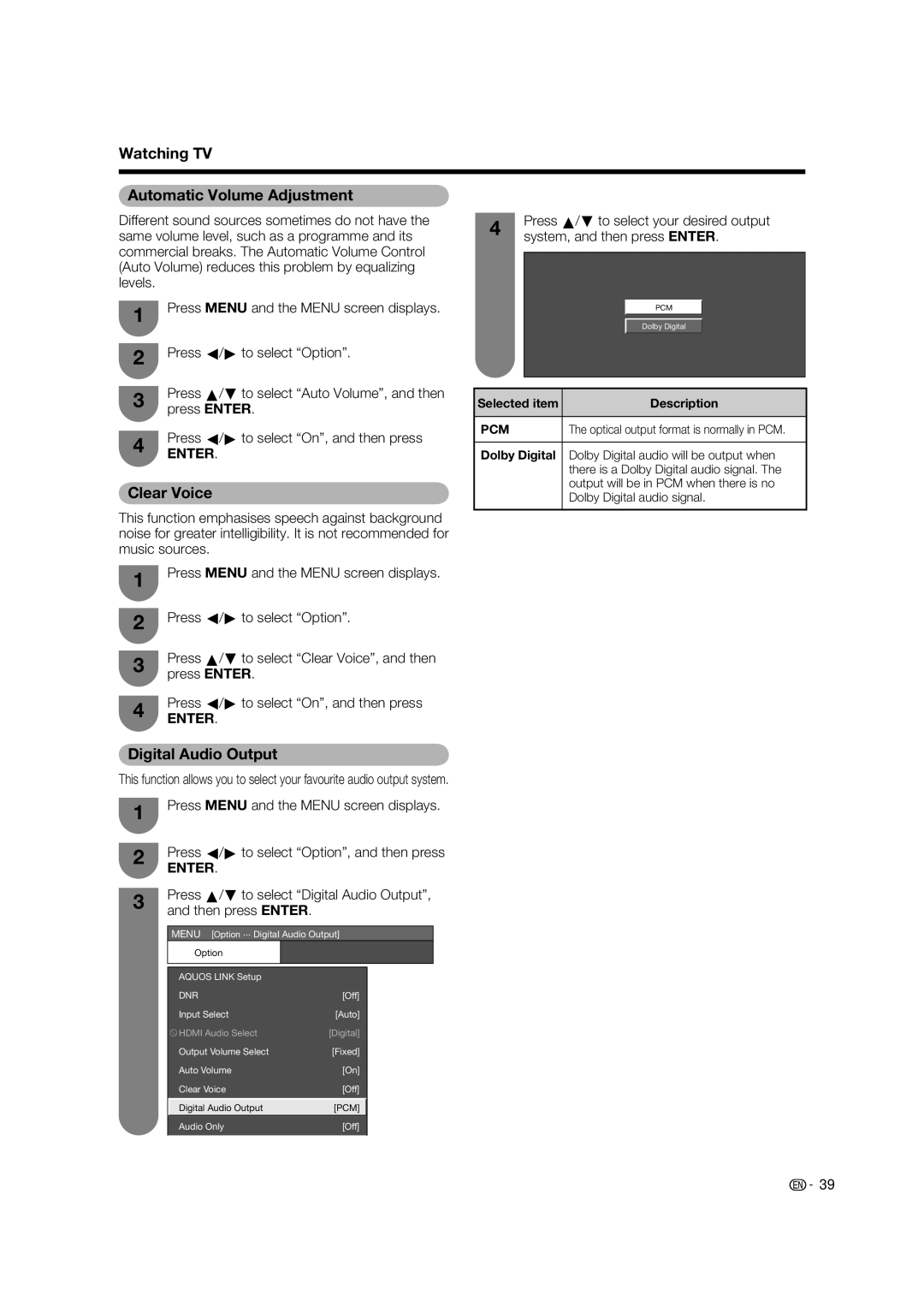 Sharp LC-65RX1X operation manual Watching TV Automatic Volume Adjustment, Clear Voice, Digital Audio Output, Dolby Digital 