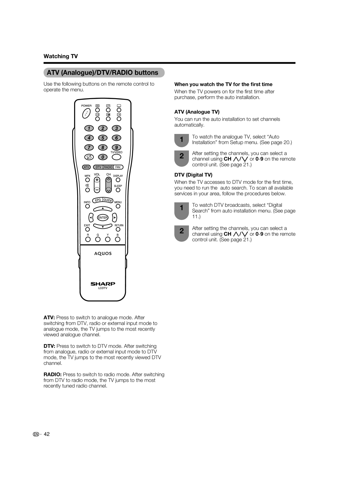 Sharp LC-65RX1X ATV Analogue/DTV/RADIO buttons, When you watch the TV for the ﬁrst time, ATV Analogue TV, DTV Digital TV 