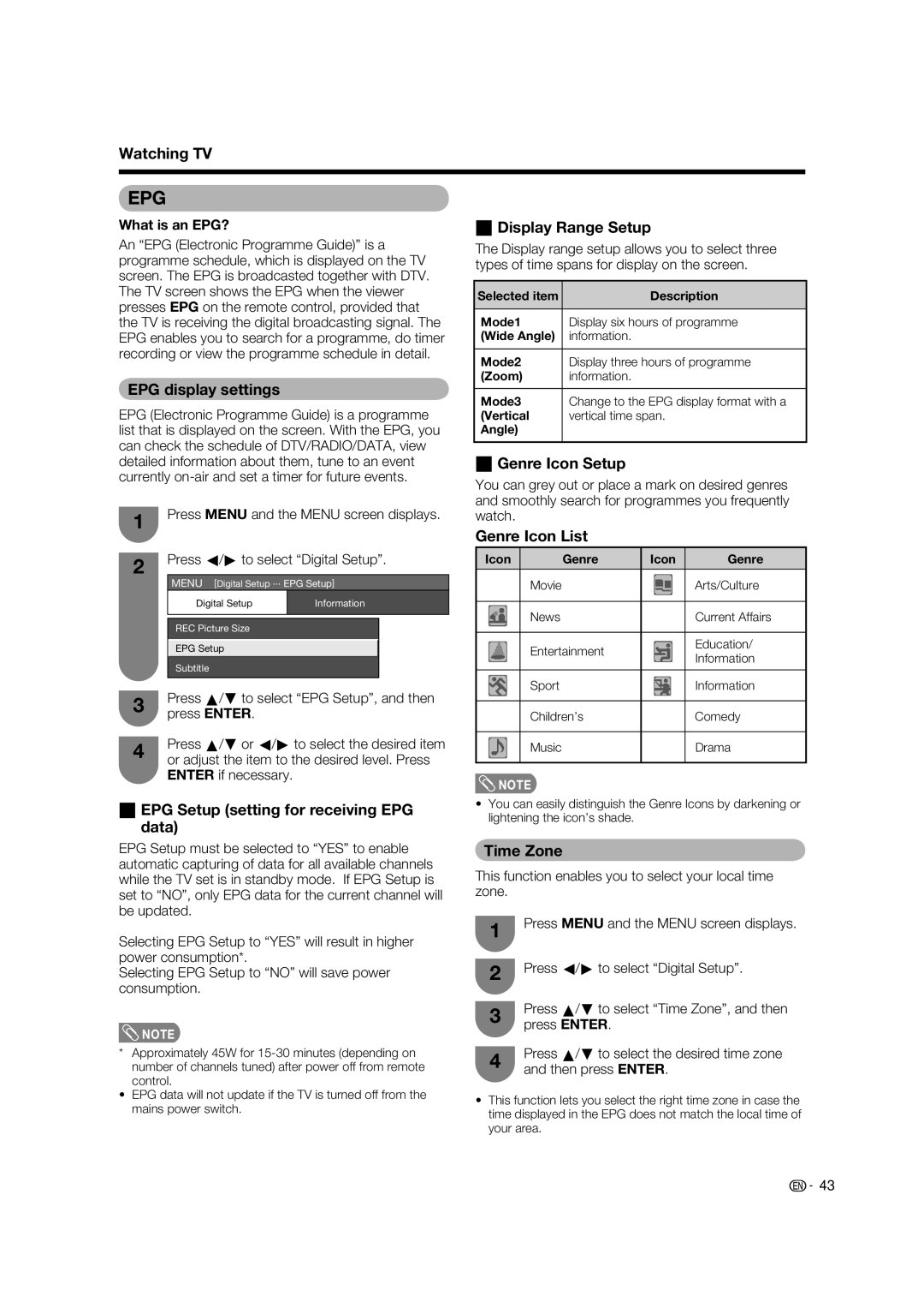 Sharp LC-65RX1X operation manual EPG display settings, Display Range Setup, Genre Icon Setup, Genre Icon List, Time Zone 