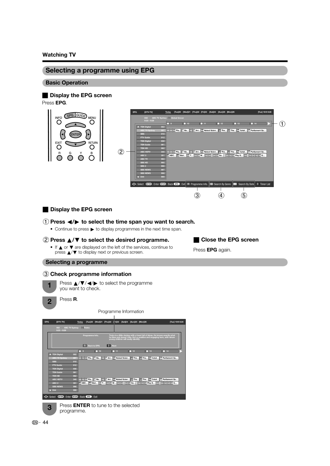 Sharp LC-65RX1X operation manual Selecting a programme using EPG, Basic Operation Display the EPG screen 