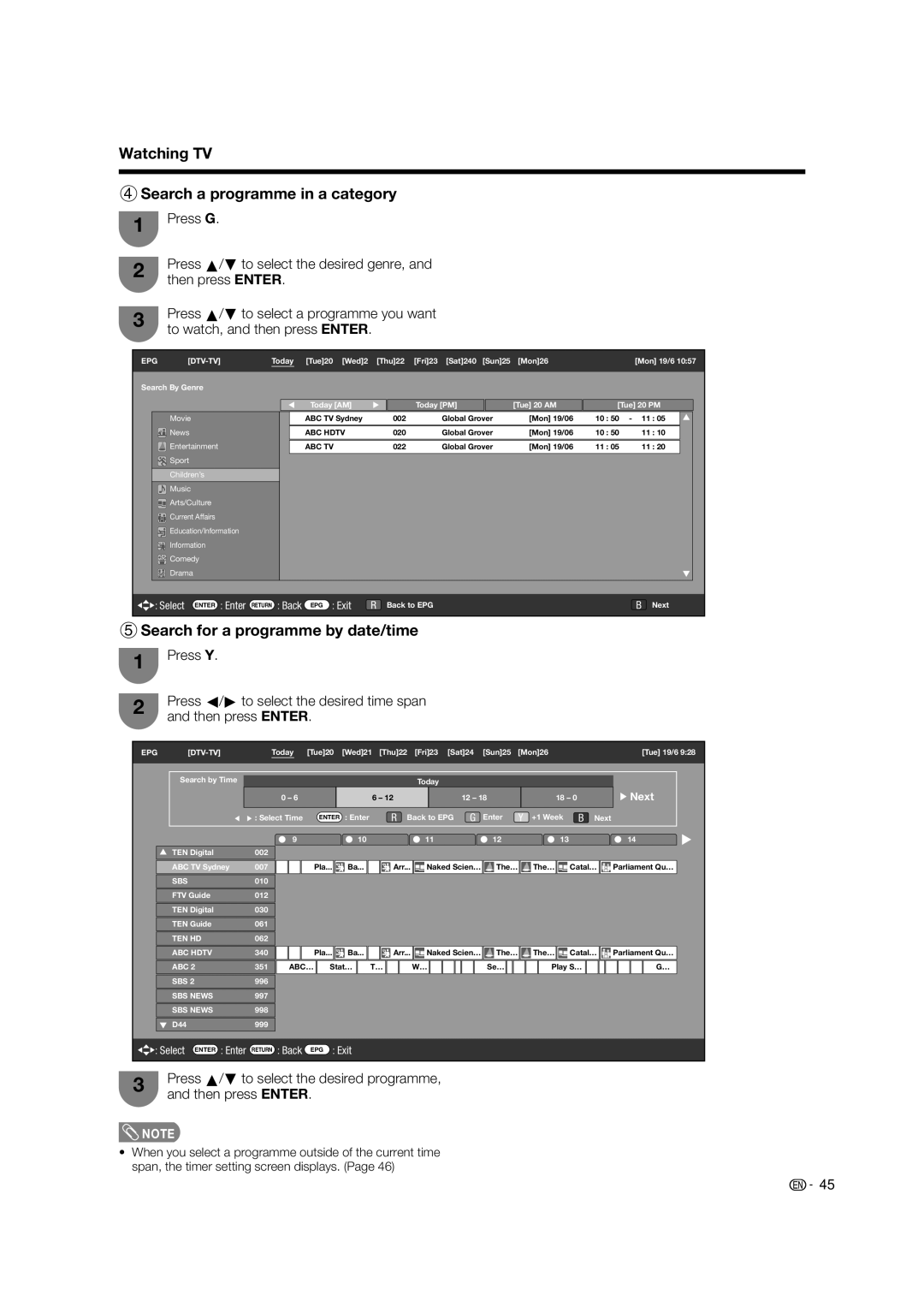 Sharp LC-65RX1X operation manual Watching TV 4Search a programme in a category, 5Search for a programme by date/time 