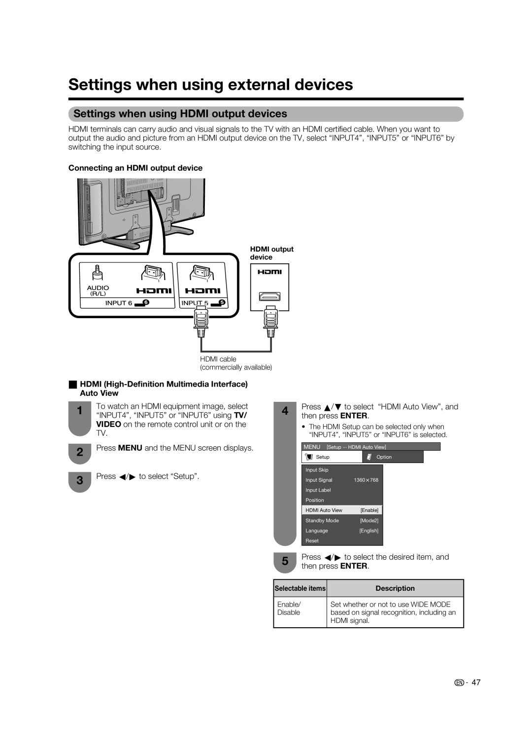 Sharp LC-65RX1X operation manual Settings when using external devices, Settings when using Hdmi output devices 