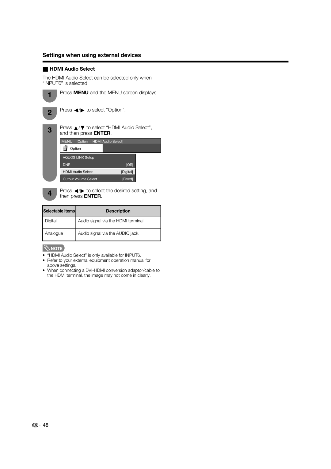 Sharp LC-65RX1X operation manual Settings when using external devices, Hdmi Audio Select 