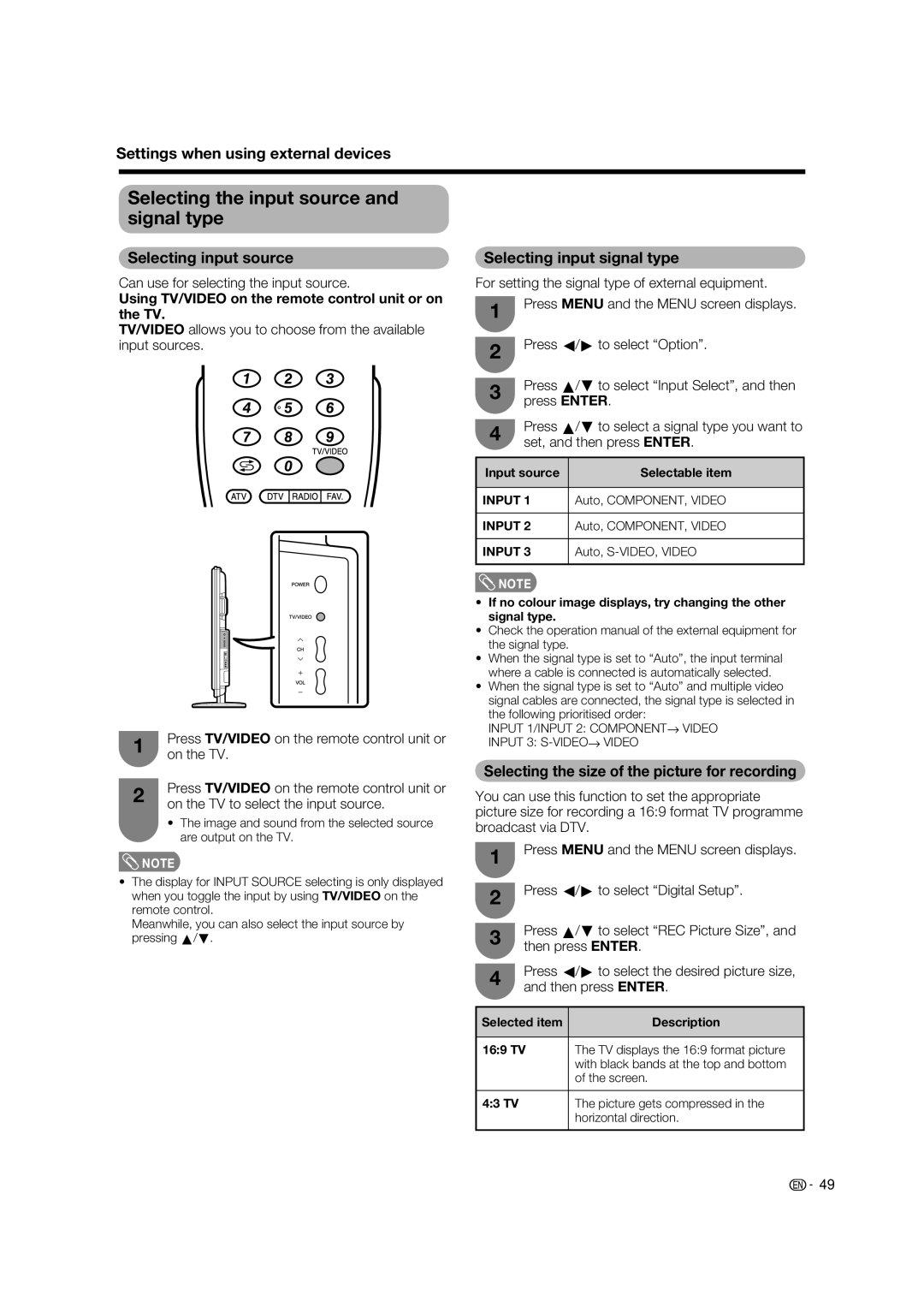 Sharp LC-65RX1X Selecting the input source and signal type, Selecting input source, Selecting input signal type 