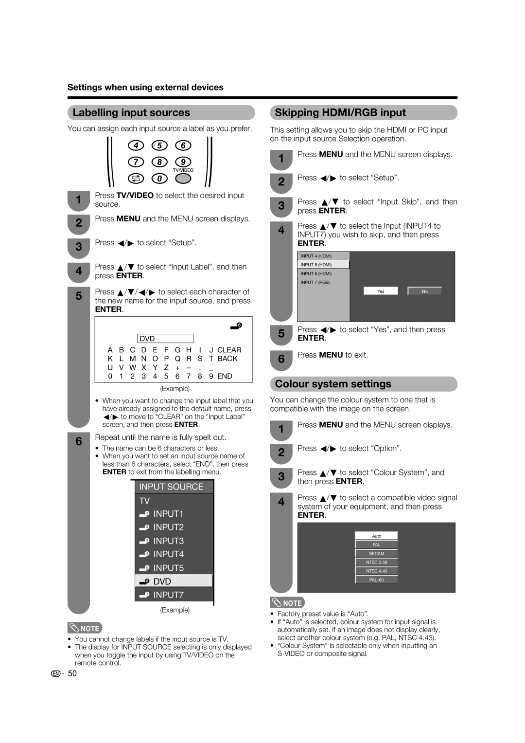 Sharp LC-65RX1X Labelling input sources, Skipping HDMI/RGB input, Colour system settings, Factory preset value is Auto 