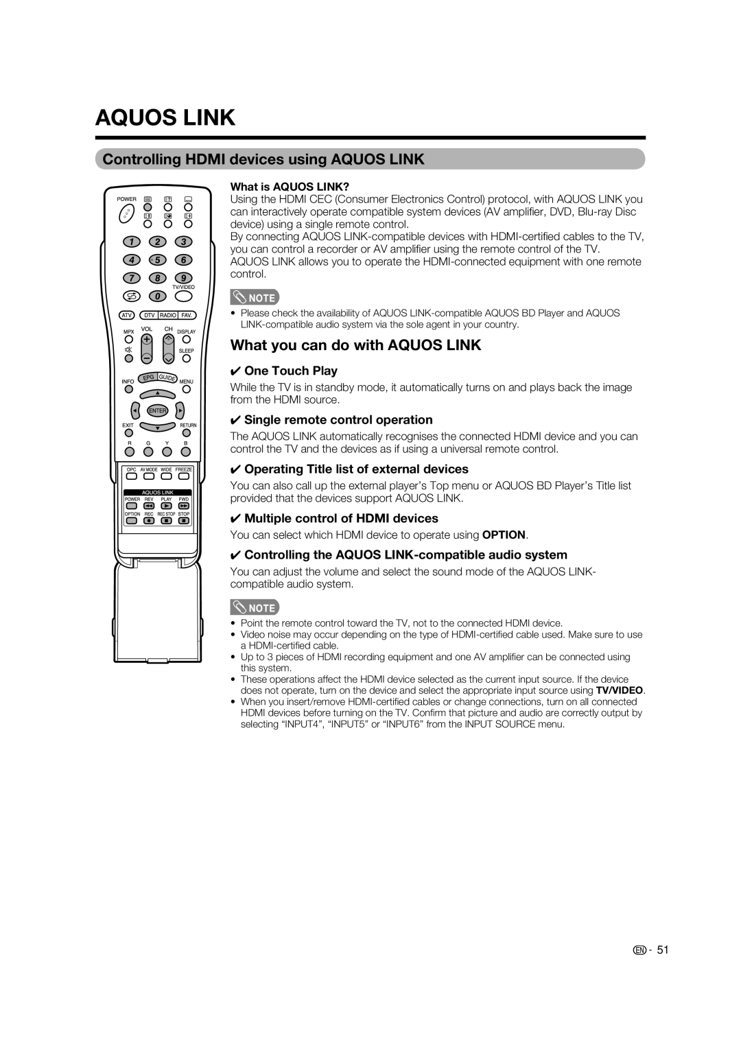 Sharp LC-65RX1X operation manual Controlling Hdmi devices using Aquos Link, What you can do with Aquos Link 