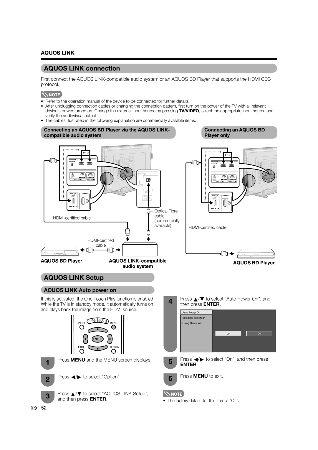 Sharp LC-65RX1X operation manual Aquos Link connection, Aquos Link Setup, Aquos Link Auto power on 