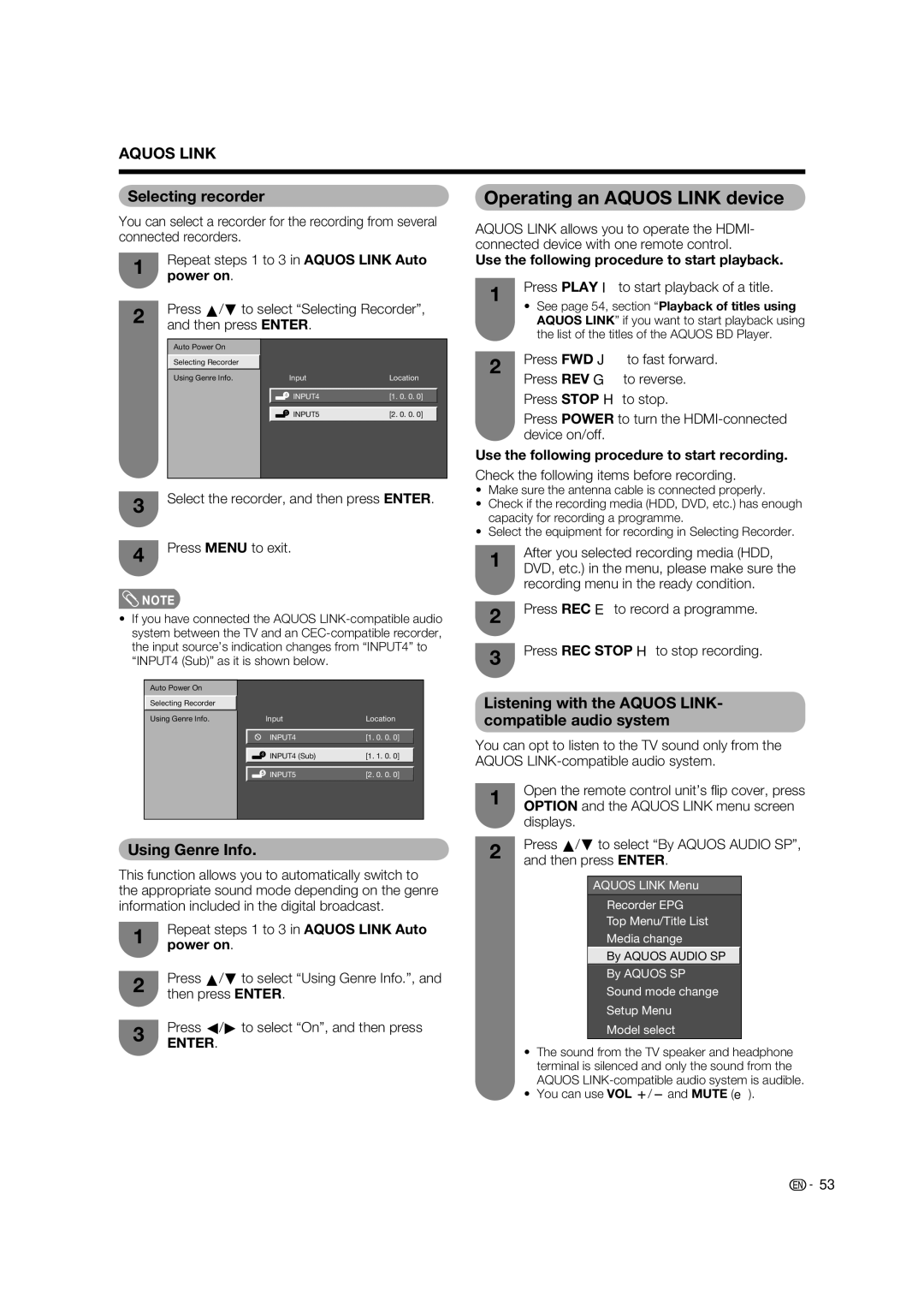 Sharp LC-65RX1X operation manual Operating an Aquos Link device, Selecting recorder, Using Genre Info 