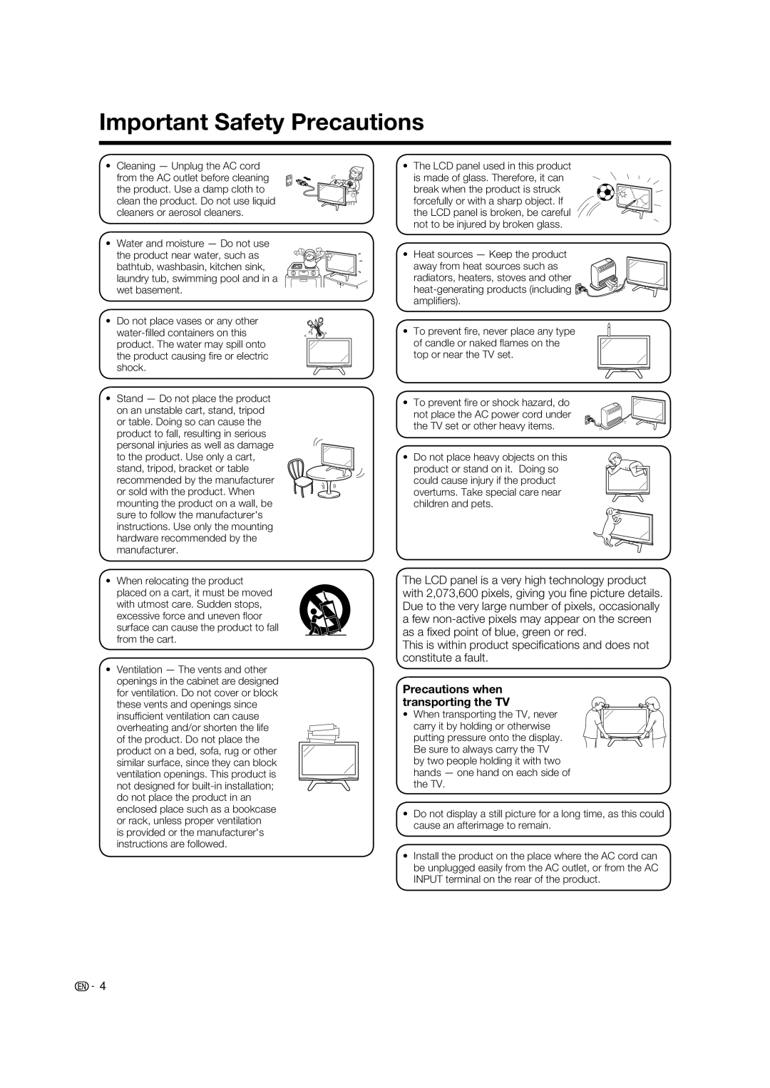 Sharp LC-65RX1X operation manual Important Safety Precautions, Precautions when transporting the TV 