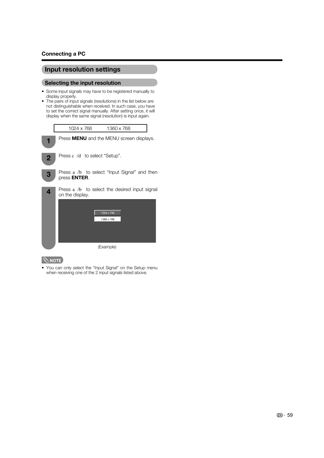 Sharp LC-65RX1X operation manual Input resolution settings, Selecting the input resolution 