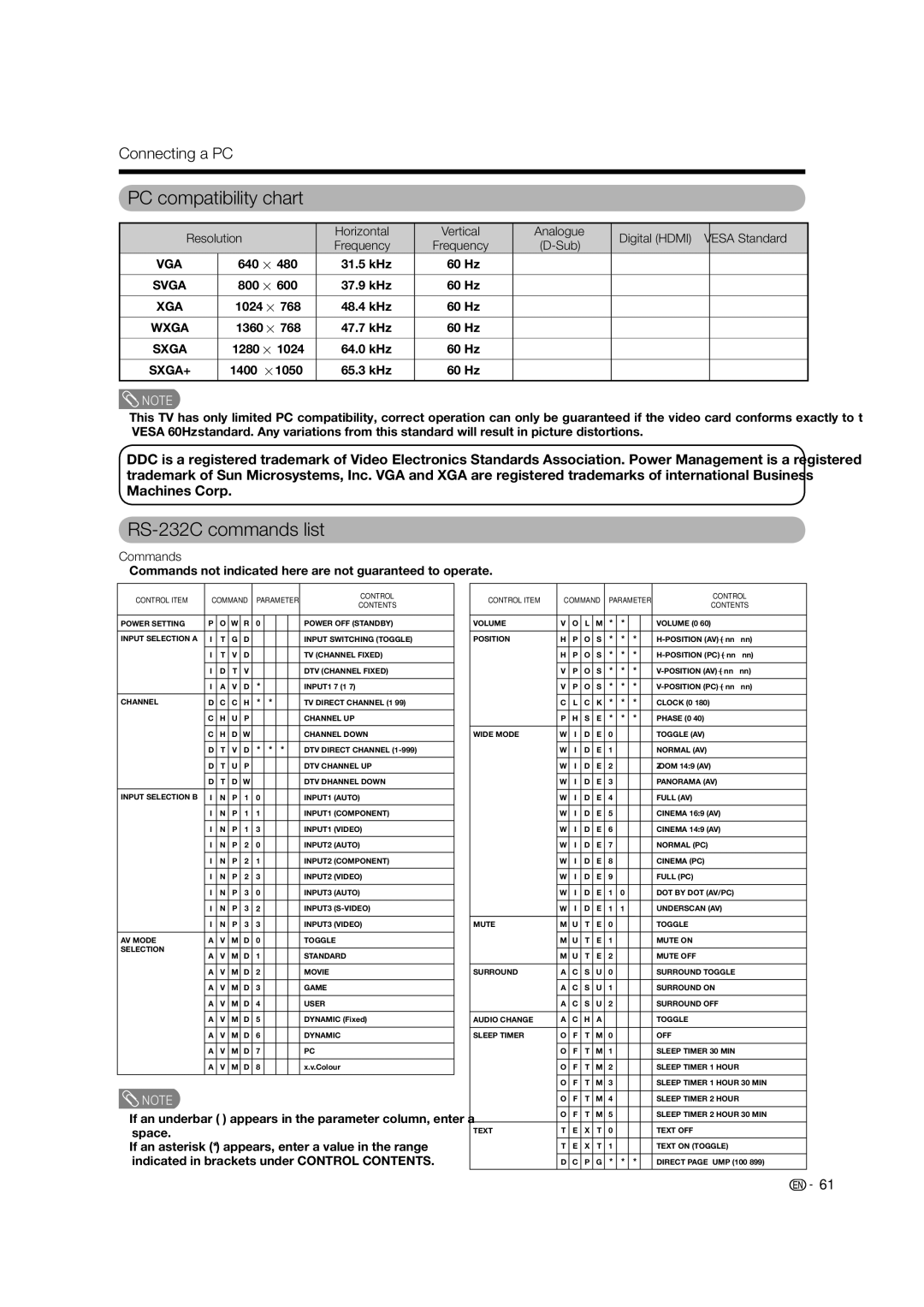 Sharp LC-65RX1X operation manual PC compatibility chart, RS-232C commands list, Commands 