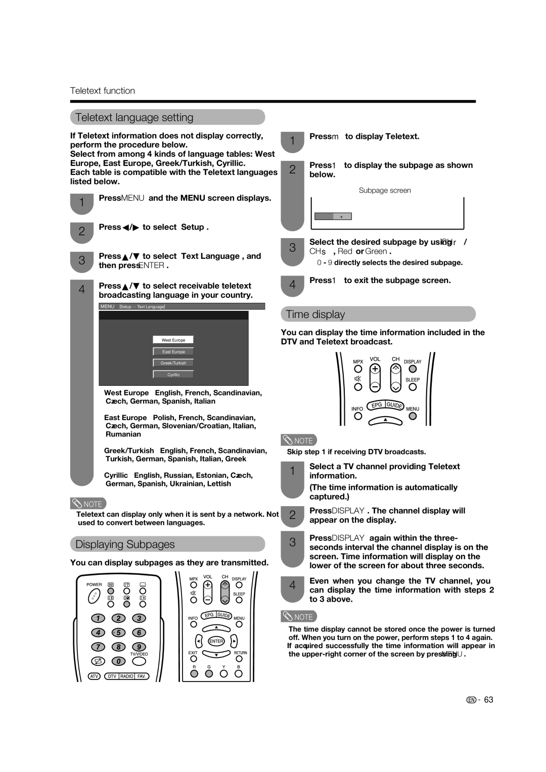 Sharp LC-65RX1X Teletext language setting, Displaying Subpages, Time display, Teletext function, CHs, Red or Green 