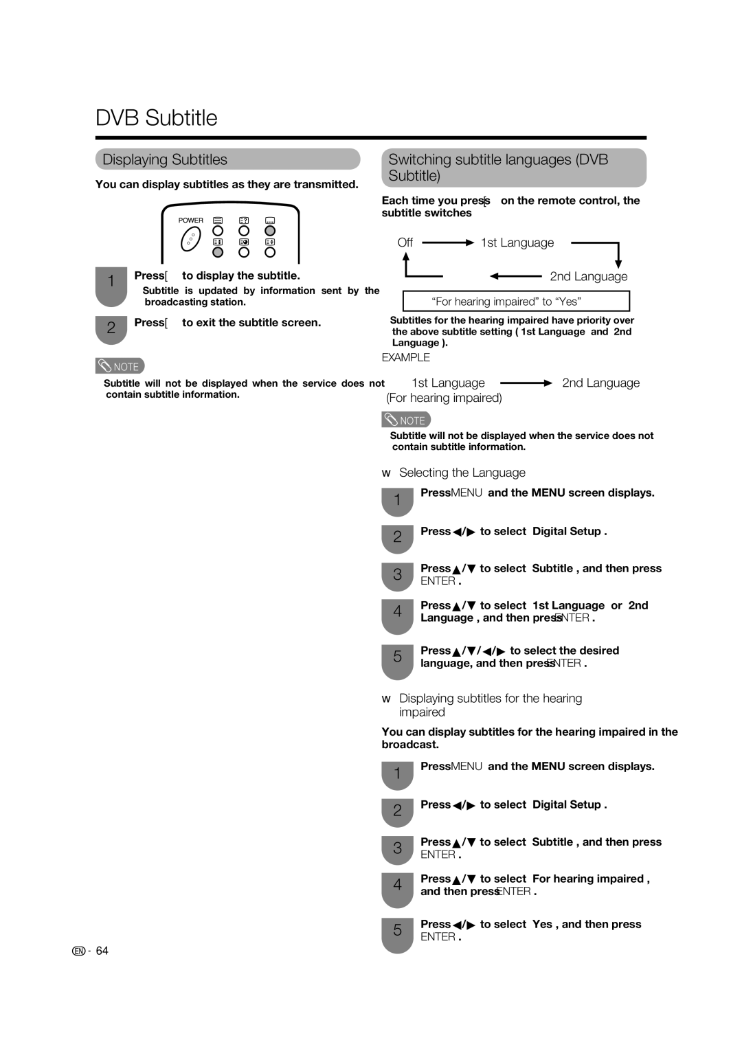 Sharp LC-65RX1X operation manual Displaying Subtitles, Switching subtitle languages DVB Subtitle 