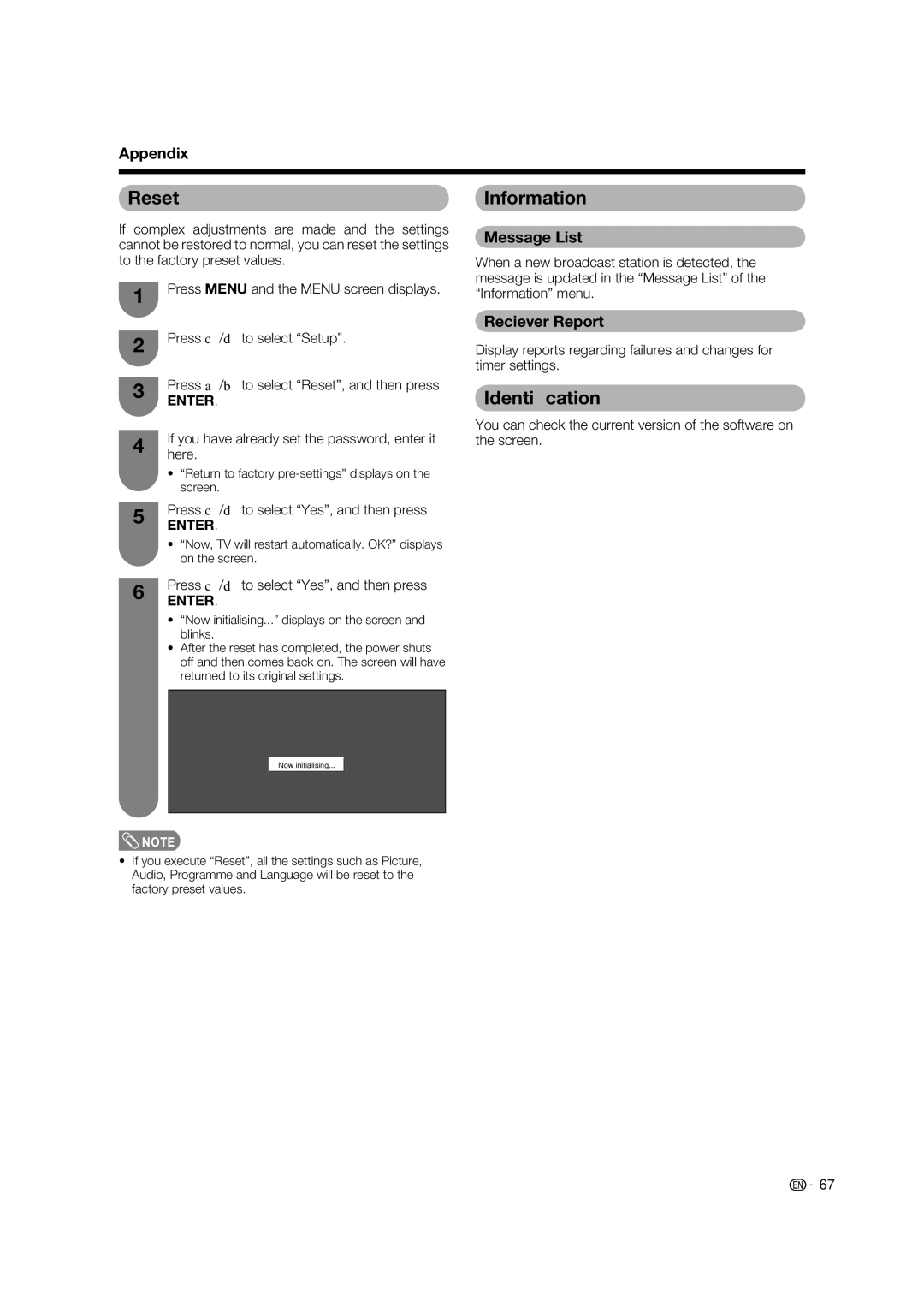 Sharp LC-65RX1X operation manual Reset, Information, Identiﬁcation, Message List, Reciever Report 