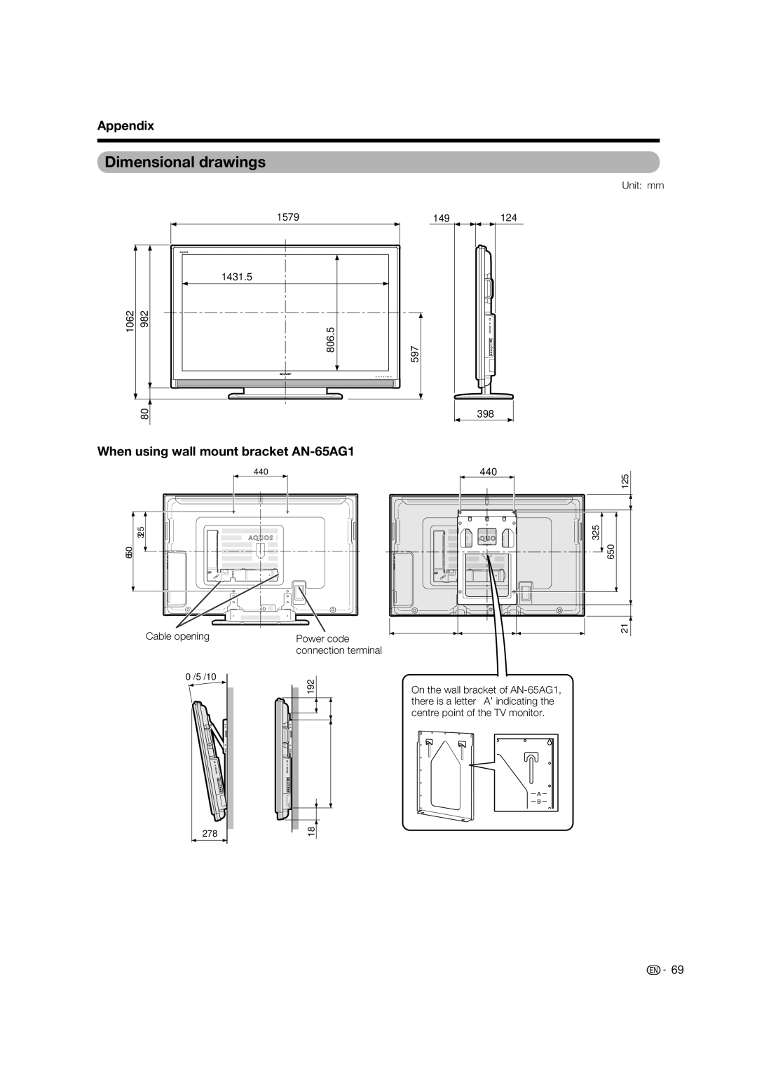 Sharp LC-65RX1X operation manual Dimensional drawings, When using wall mount bracket AN-65AG1 