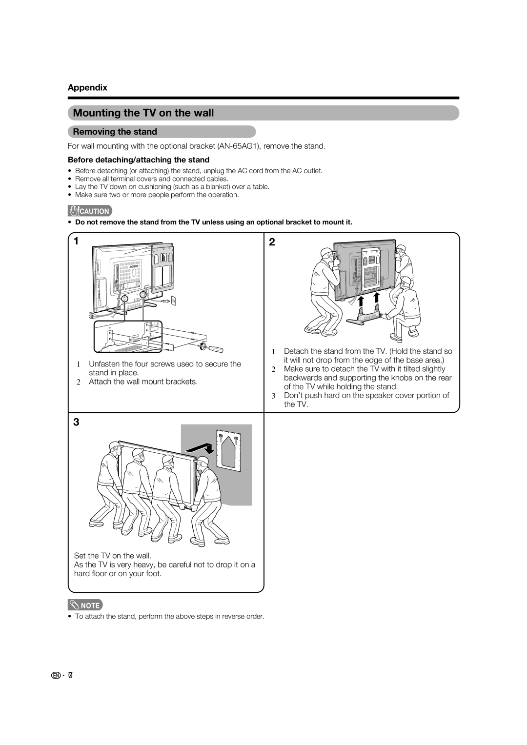 Sharp LC-65RX1X operation manual Mounting the TV on the wall, Removing the stand, Before detaching/attaching the stand 