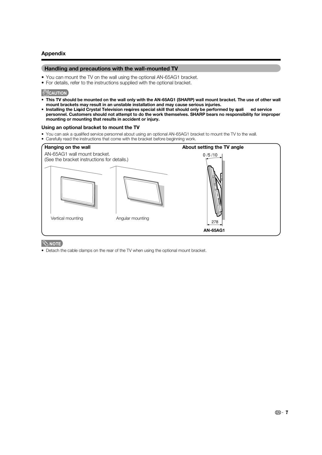 Sharp LC-65RX1X Appendix Handling and precautions with the wall-mounted TV, Using an optional bracket to mount the TV 