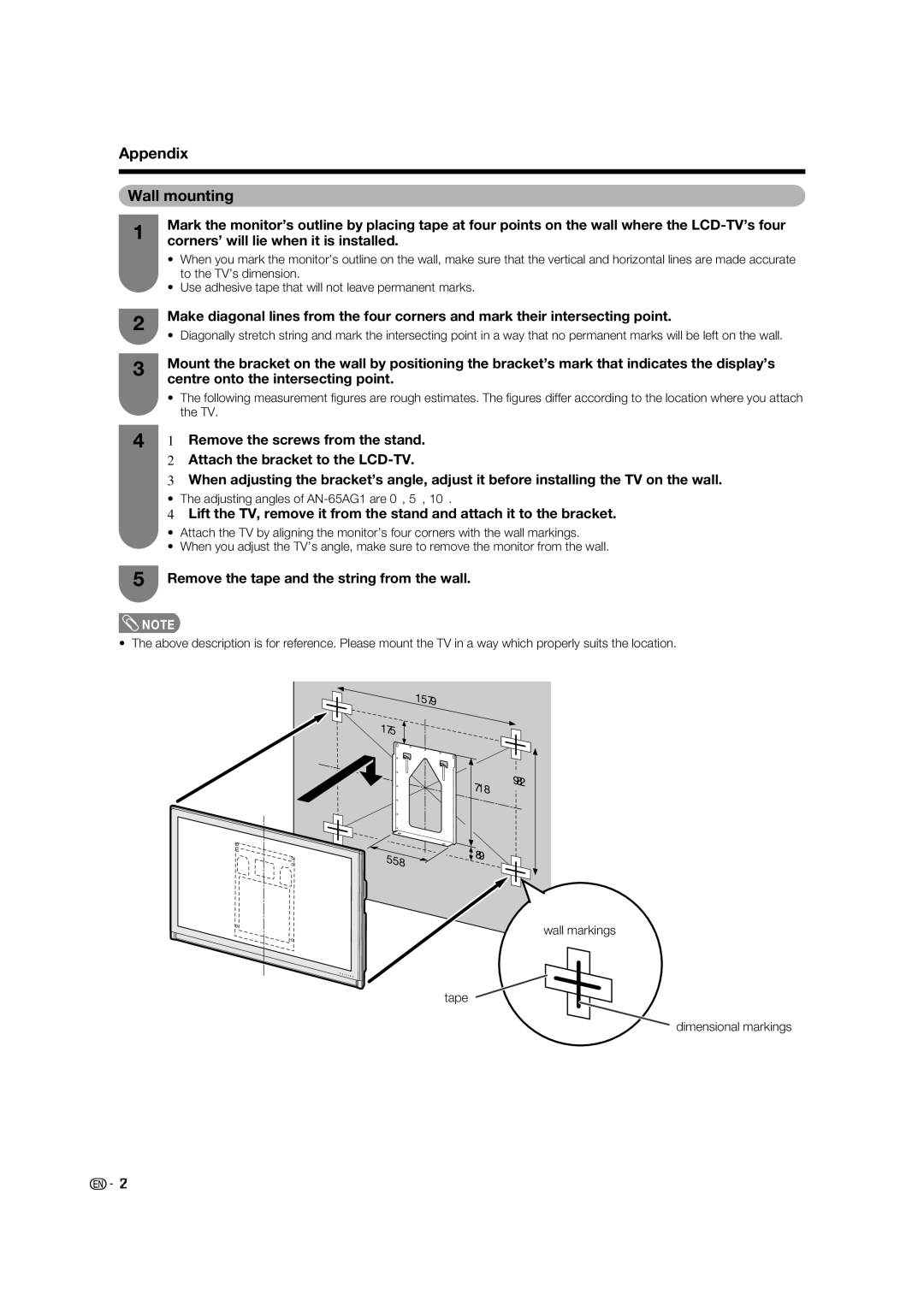 Sharp LC-65RX1X operation manual Appendix Wall mounting, Remove the tape and the string from the wall, 718 982 558 