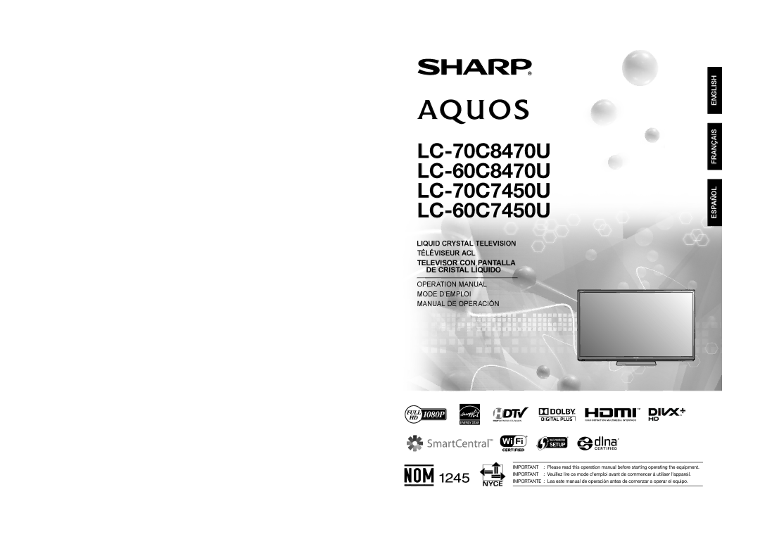 Sharp operation manual LC-70C8470U LC-60C8470U LC-70C7450U LC-60C7450U 