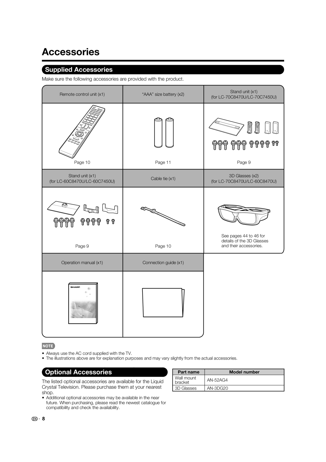 Sharp LC-60C7450U, LC-70C7450U, LC-70C8470U Supplied Accessories, Optional Accessories, Part name Model number 