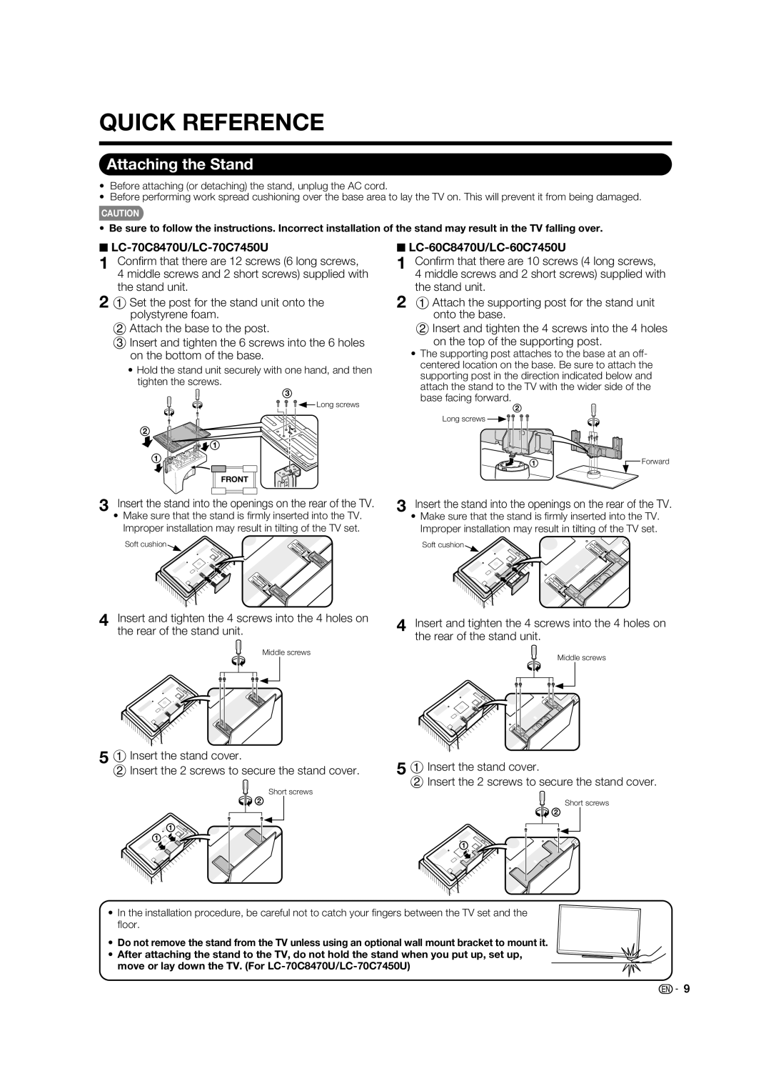 Sharp operation manual Attaching the Stand, LC-70C8470U/LC-70C7450U, LC-60C8470U/LC-60C7450U, Base facing forward 