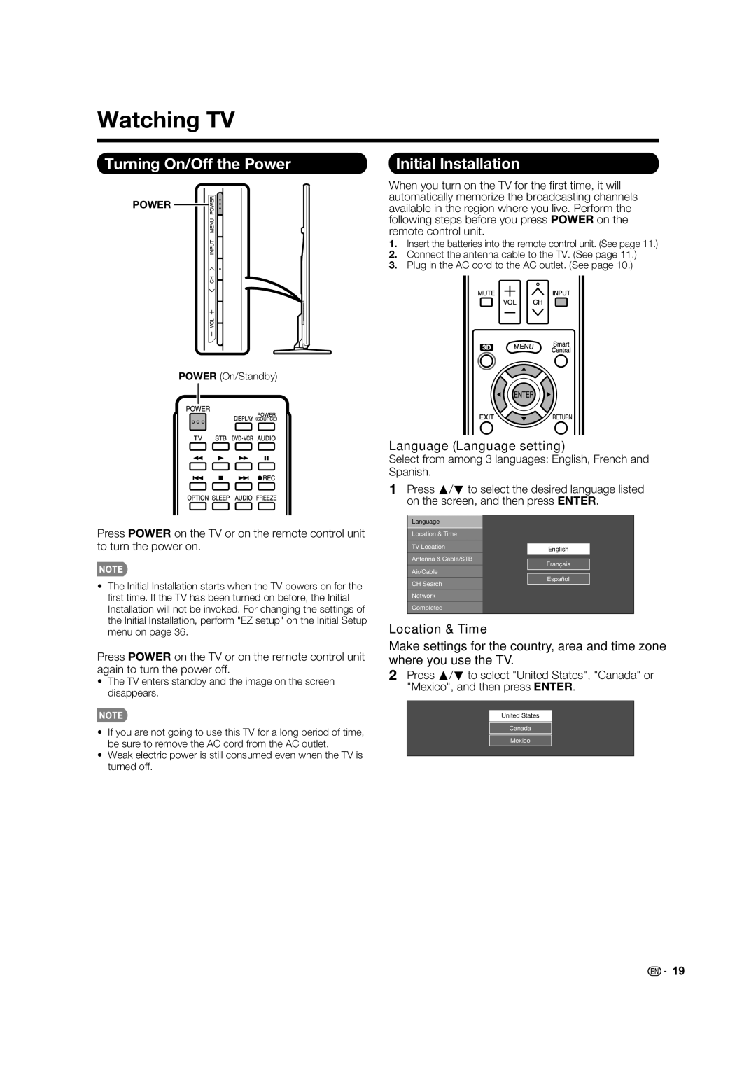 Sharp LC-70C8470U Watching TV, Turning On/Off the Power, Initial Installation, Language Language setting, Location & Time 