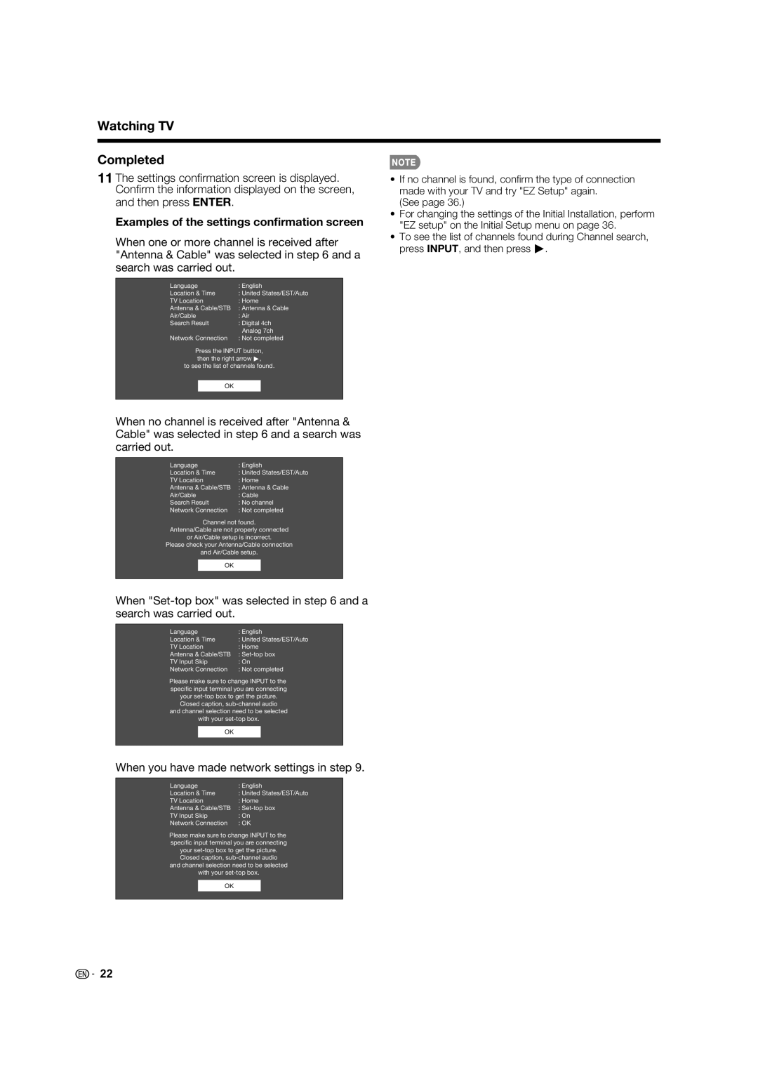 Sharp LC-70C7450U, LC-70C8470U, LC-60C7450U, LC-60C8470U Watching TV Completed, Examples of the settings conﬁrmation screen 