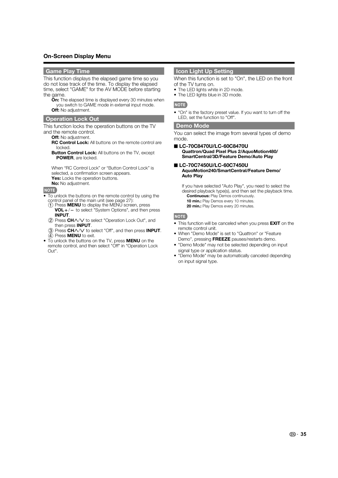 Sharp LC-70C8470U, LC-70C7450U, LC-60C7450U, LC-60C8470U Game Play Time Icon Light Up Setting, Operation Lock Out, Demo Mode 