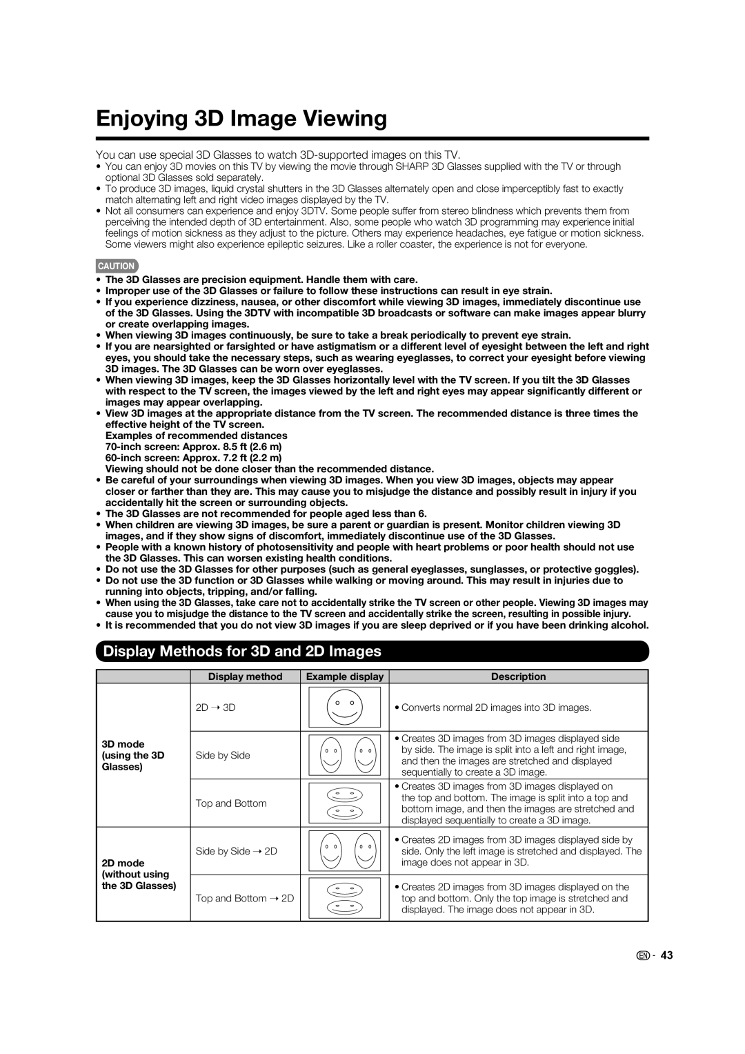 Sharp LC-70C8470U, LC-70C7450U, LC-60C7450U, LC-60C8470U Enjoying 3D Image Viewing, Display Methods for 3D and 2D Images 