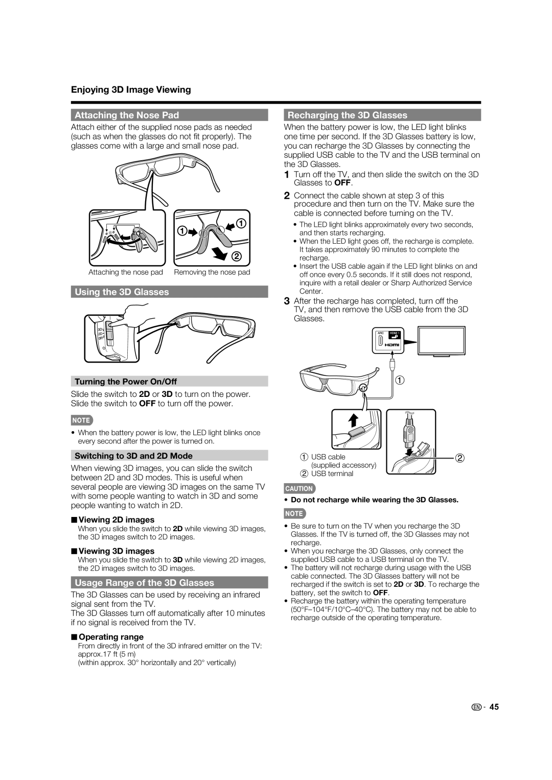 Sharp LC-60C8470U Attaching the Nose Pad, Using the 3D Glasses, Usage Range of the 3D Glasses, Recharging the 3D Glasses 