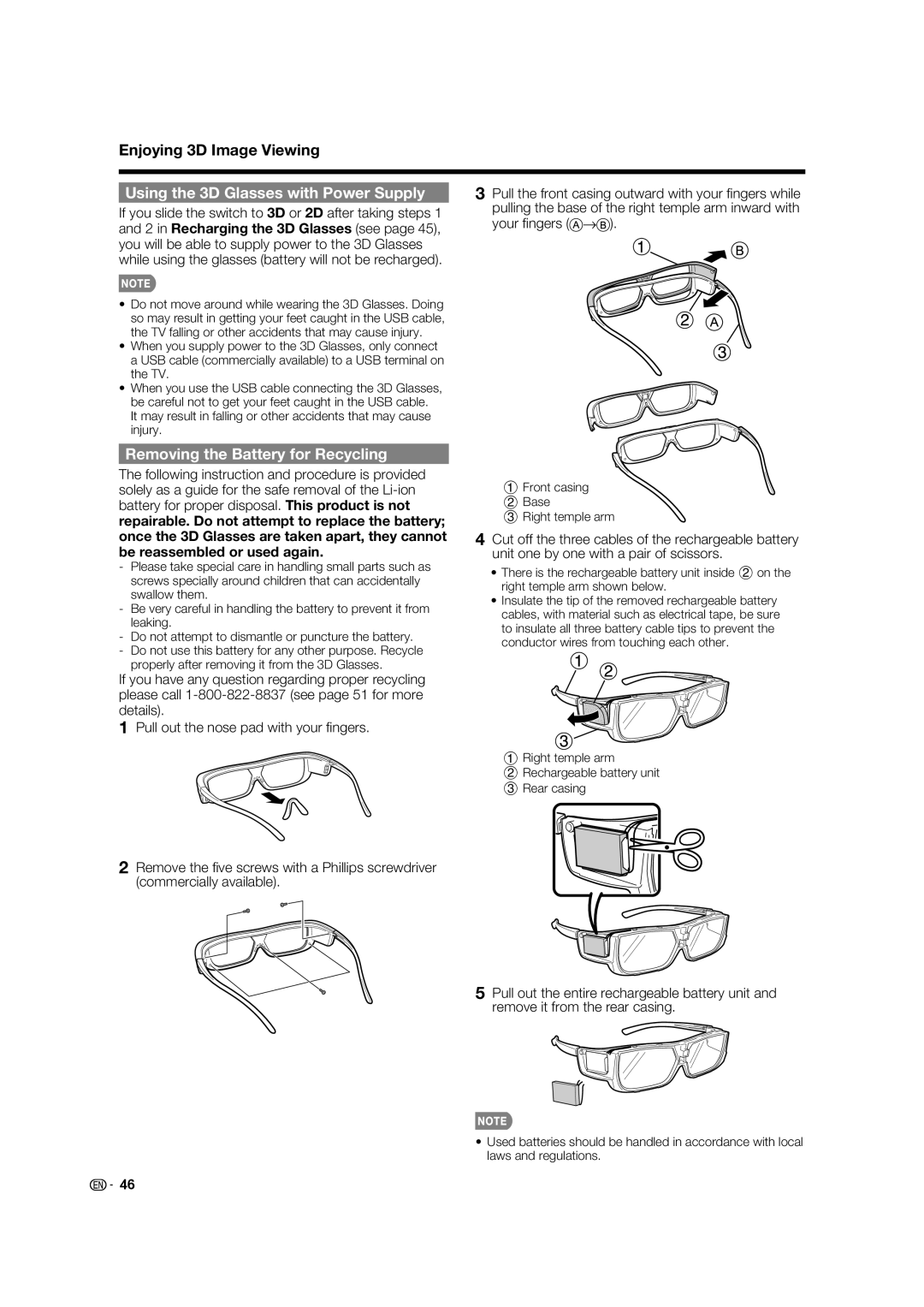 Sharp LC-70C7450U, LC-70C8470U, LC-60C7450U Using the 3D Glasses with Power Supply, Removing the Battery for Recycling 