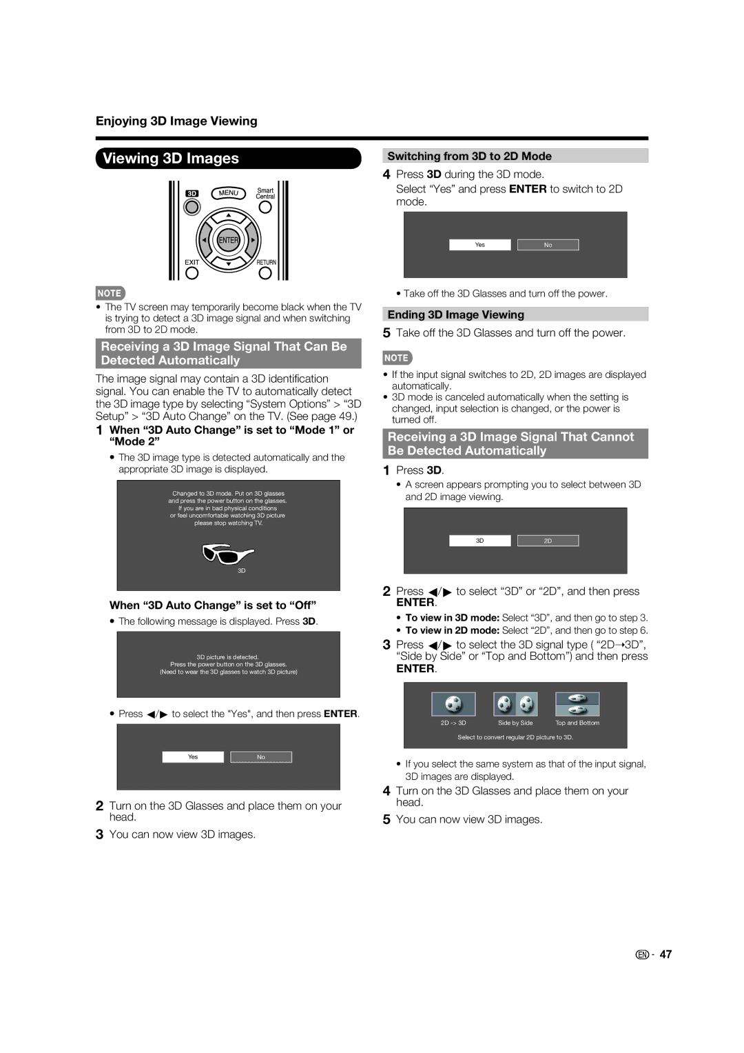 Sharp LC-70C8470U Viewing 3D Images, When 3D Auto Change is set to Mode 1 or Mode, When 3D Auto Change is set to Off 