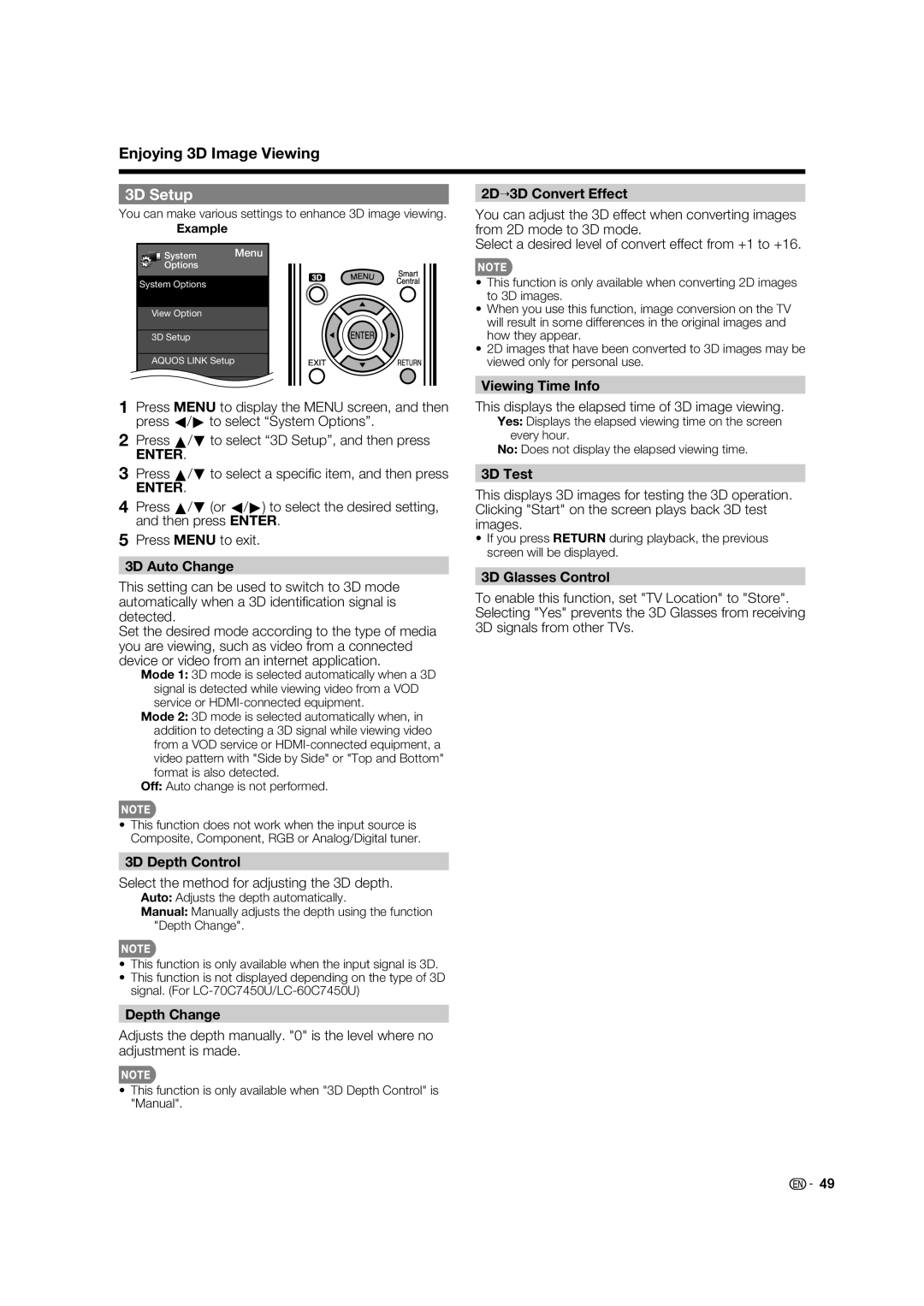 Sharp LC-60C8470U, LC-70C7450U, LC-70C8470U, LC-60C7450U operation manual 3D Setup 