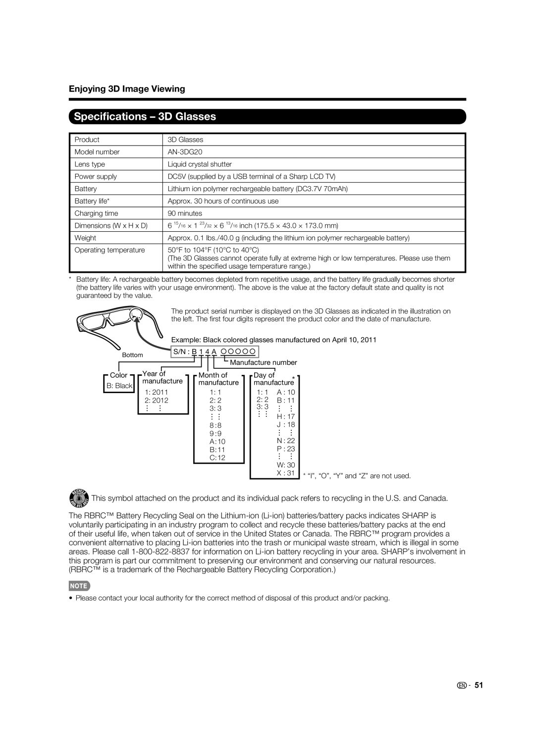 Sharp LC-70C8470U, LC-70C7450U, LC-60C7450U Speciﬁcations 3D Glasses, Within the speciﬁ ed usage temperature range 