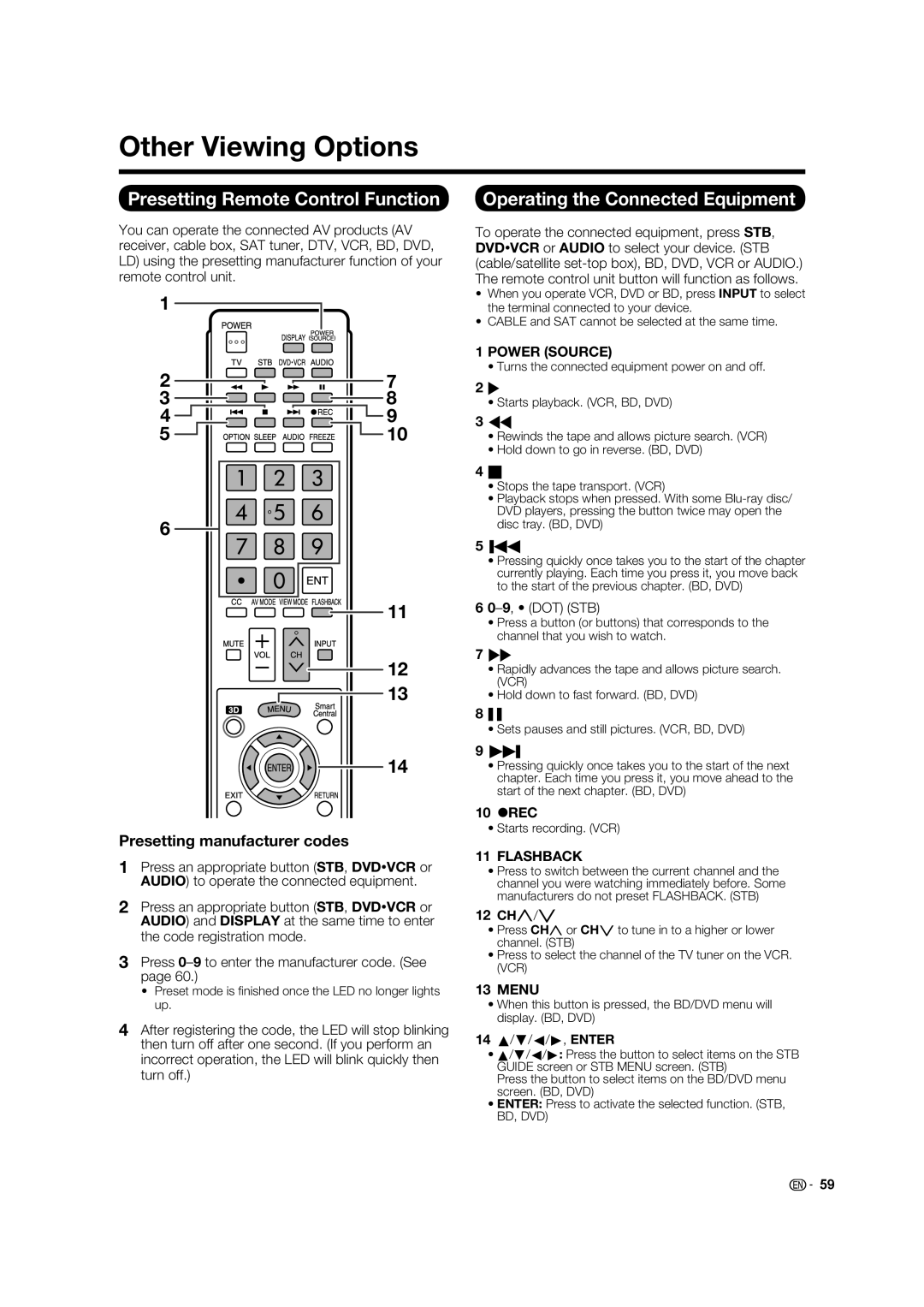 Sharp LC-70C8470U Other Viewing Options, Presetting Remote Control Function, Operating the Connected Equipment, 10 REC 