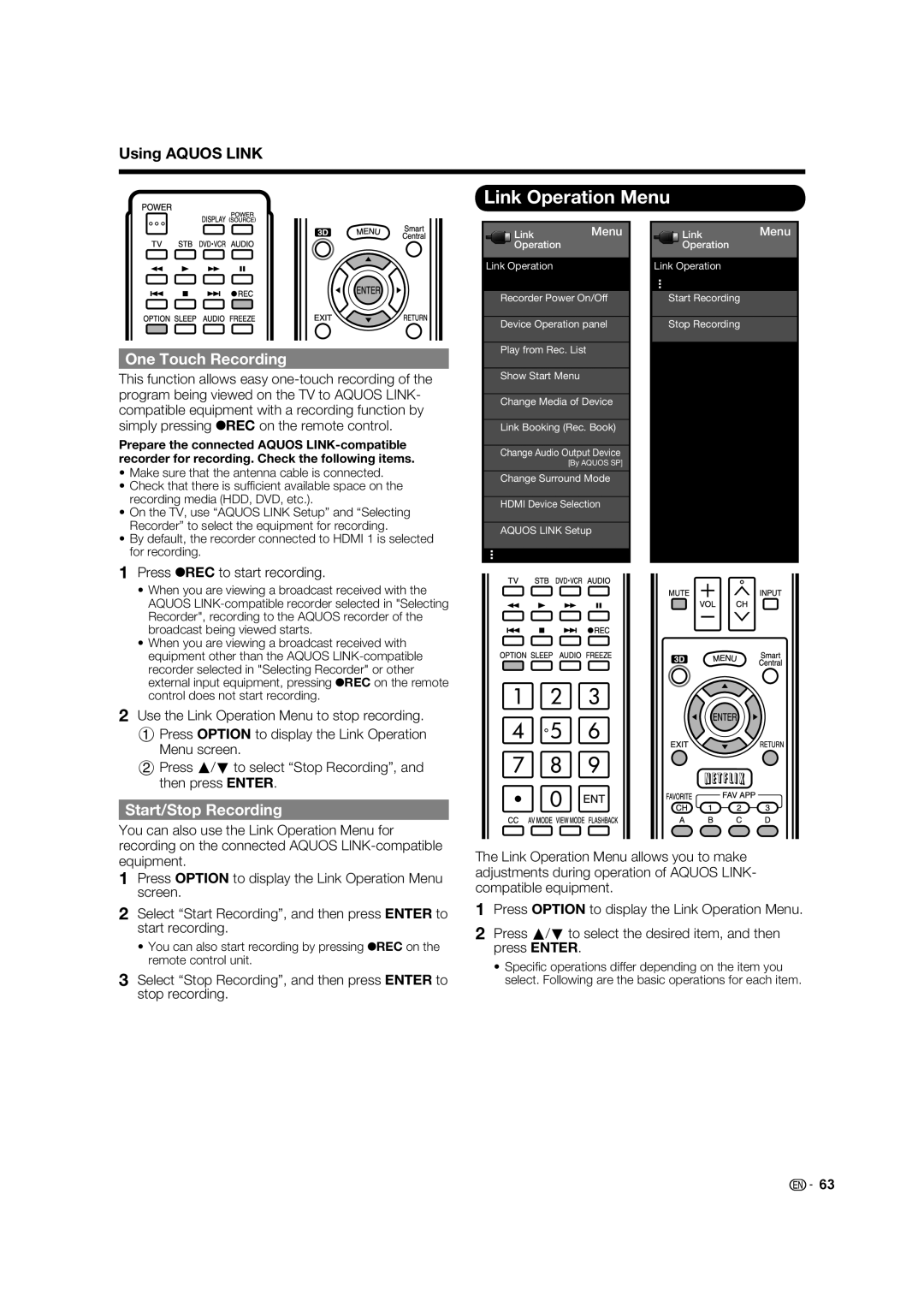 Sharp LC-70C8470U Link Operation Menu, One Touch Recording, Start/Stop Recording, Press REC to start recording 