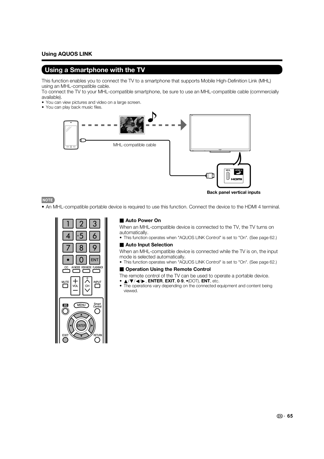 Sharp LC-60C8470U, LC-70C7450U Using a Smartphone with the TV, Auto Input Selection, Operation Using the Remote Control 