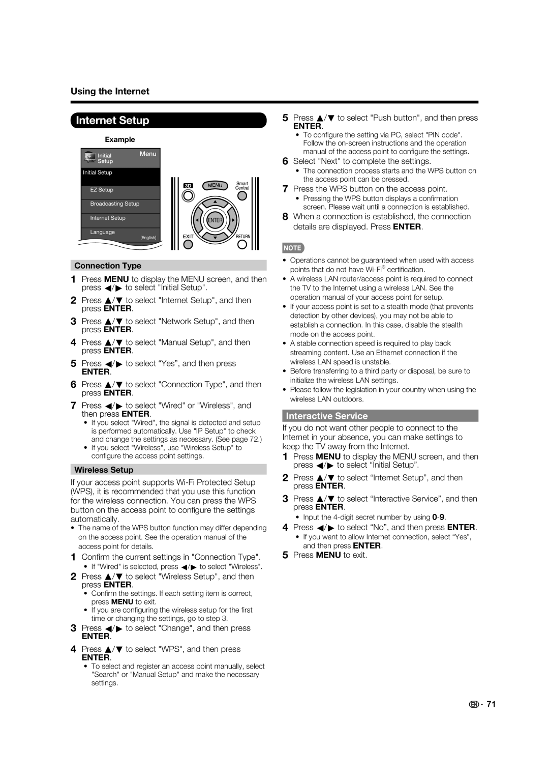 Sharp LC-70C8470U, LC-70C7450U Internet Setup, Using the Internet, Interactive Service, Connection Type, Wireless Setup 